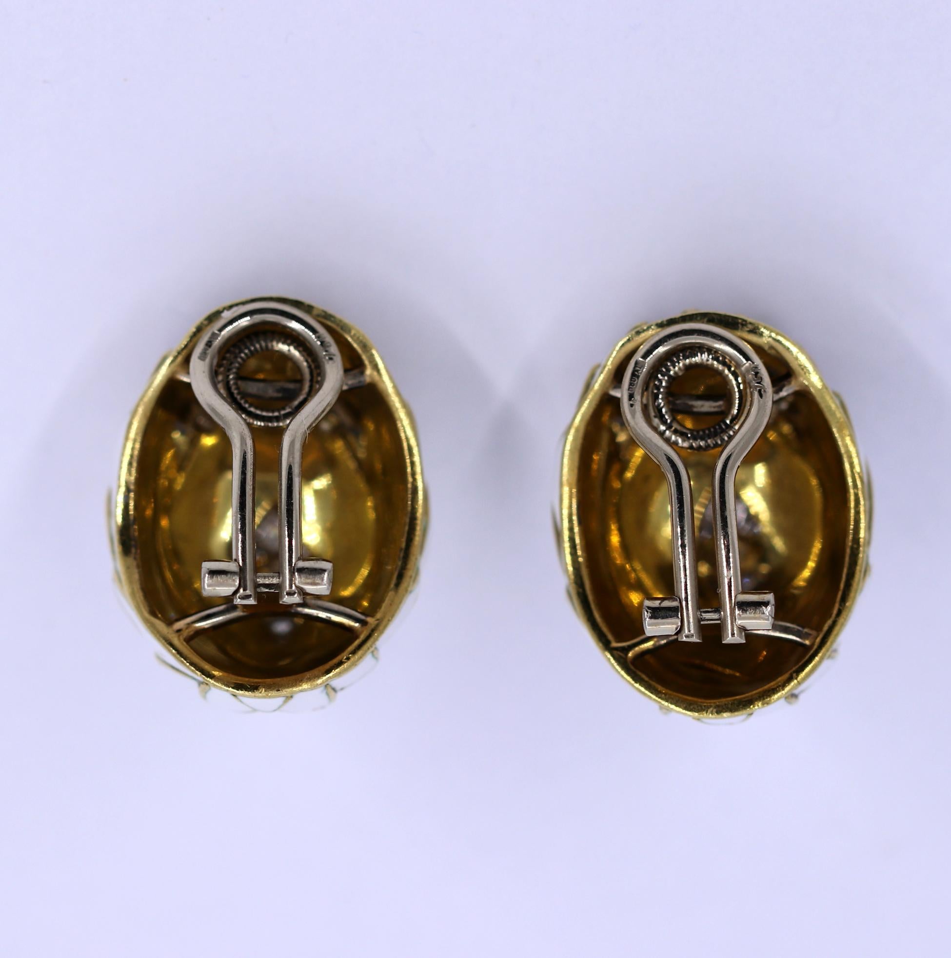 Women's Gold Earrings with White Enamel and Diamonds