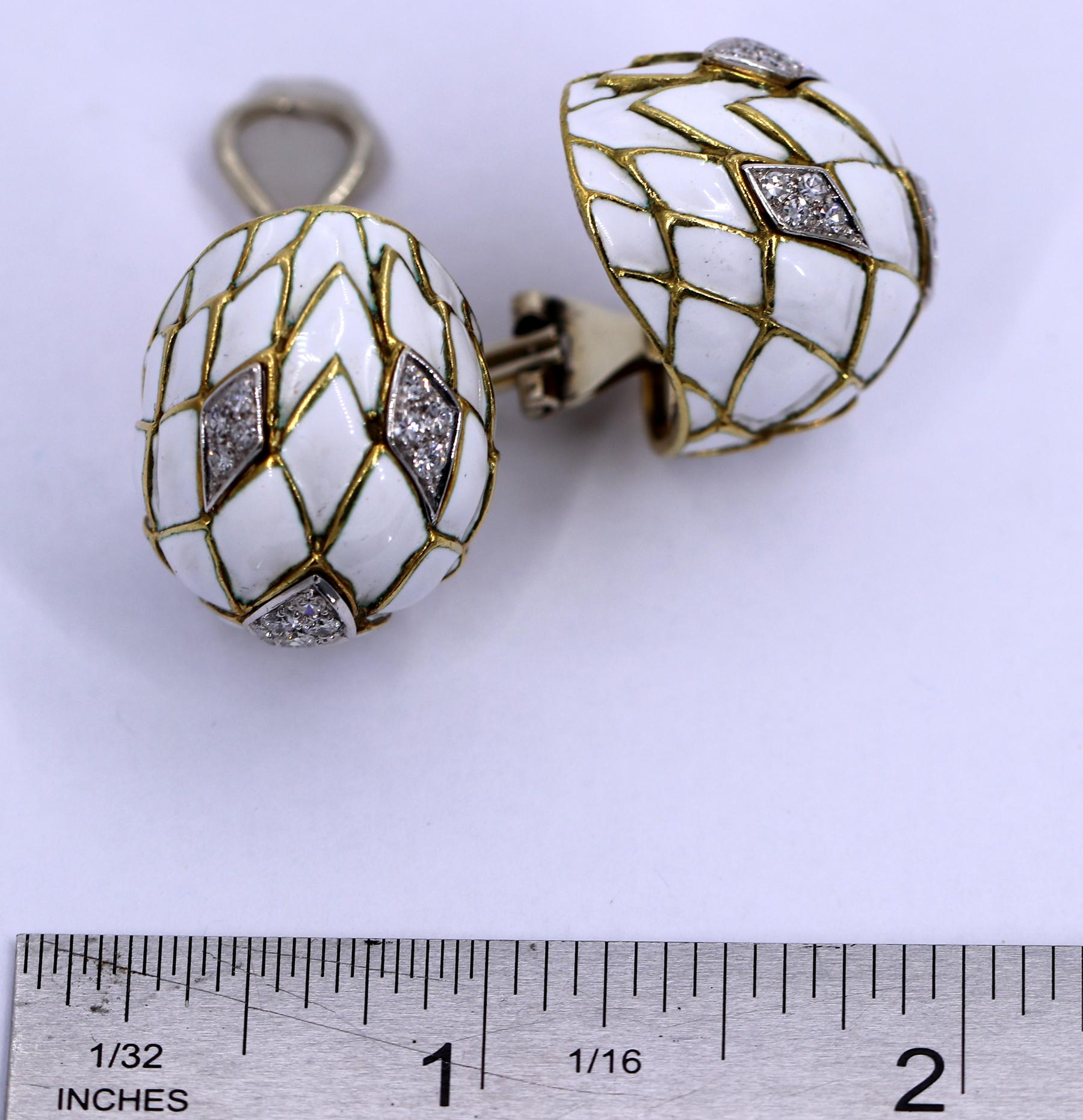Gold Earrings with White Enamel and Diamonds 1