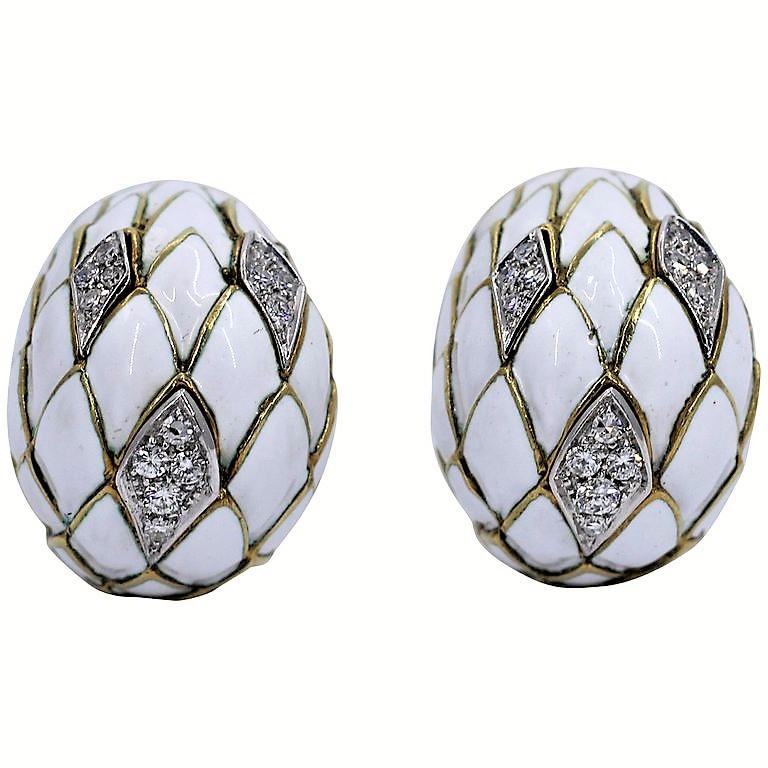 Gold Earrings with White Enamel and Diamonds