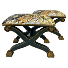 Gold Ebonized Regency Style Foot Stools in Lazy Leopardesses Hermes Garment