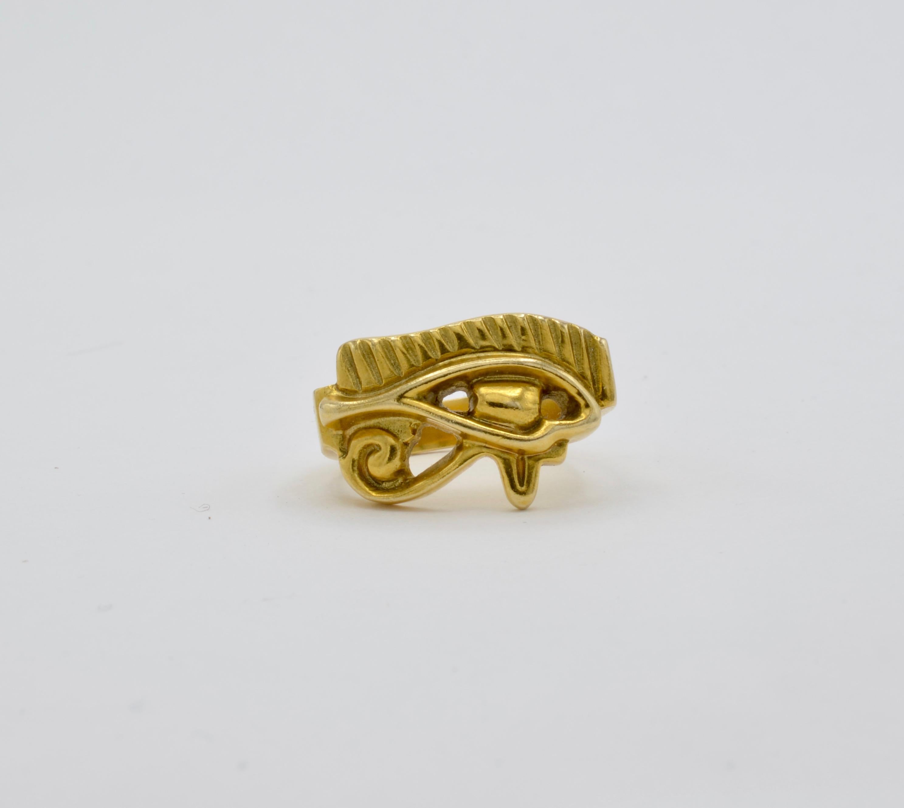 This magical Egyptian Eye of Horus ring is 14k gold and reedition for a museum. Horus was an ancient a sky god whose eyes were said to be the sun and the moon. This is a known symbol of protection, royal power, and good health.
Size 6.25
Marks