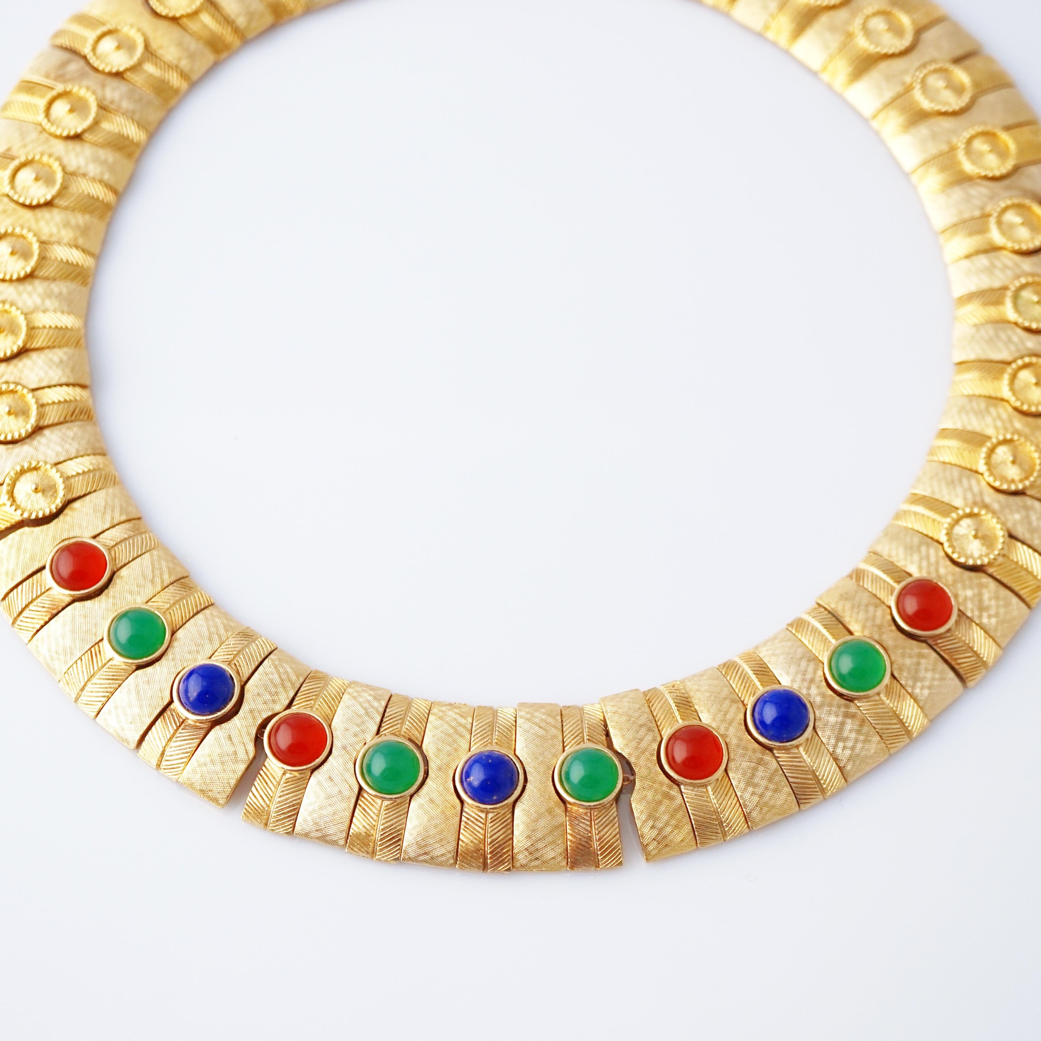 Modern Gold Egyptian Revival Choker Necklace w Mughal Cabochons By Les Bernard, 1970s