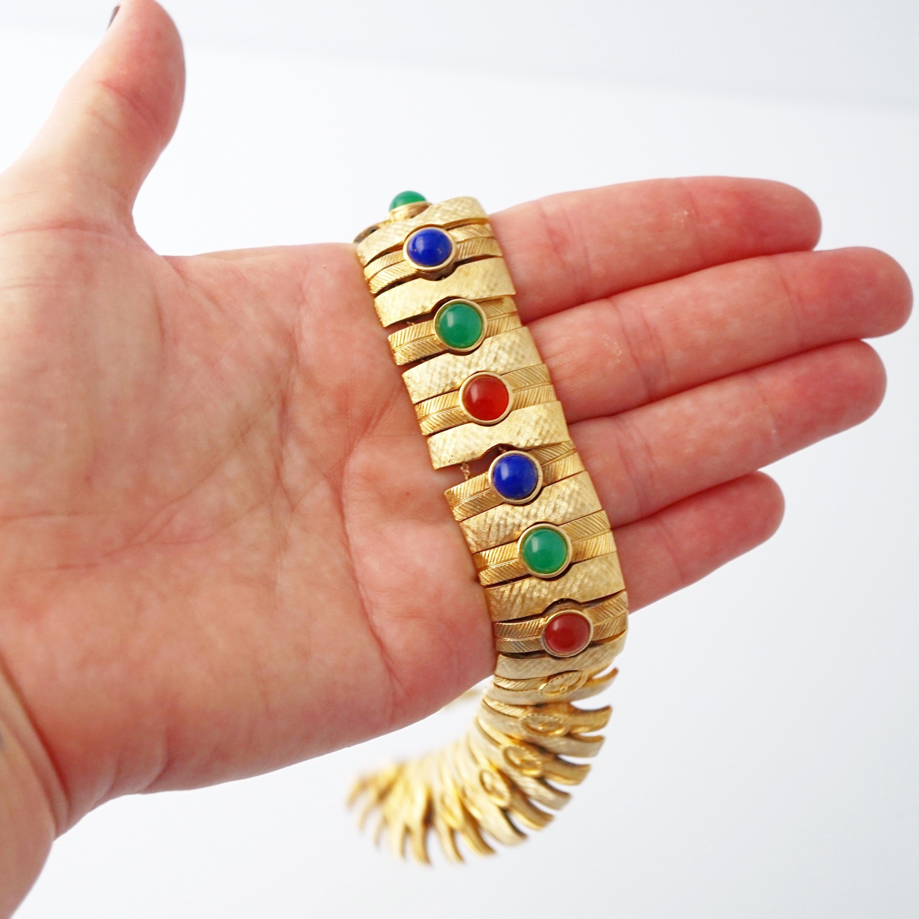 Women's Gold Egyptian Revival Choker Necklace w Mughal Cabochons By Les Bernard, 1970s
