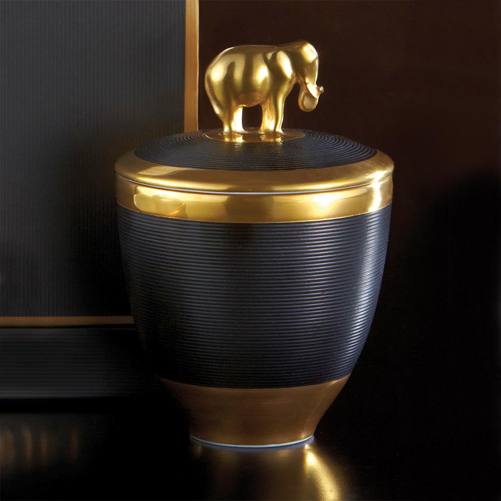 Hand-Crafted Gold Elephant Black Candle Box For Sale