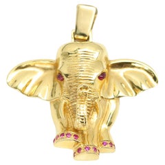 Gold Elephant Pendant Vintage 18 Karat Animal Jewelry Natural Ruby