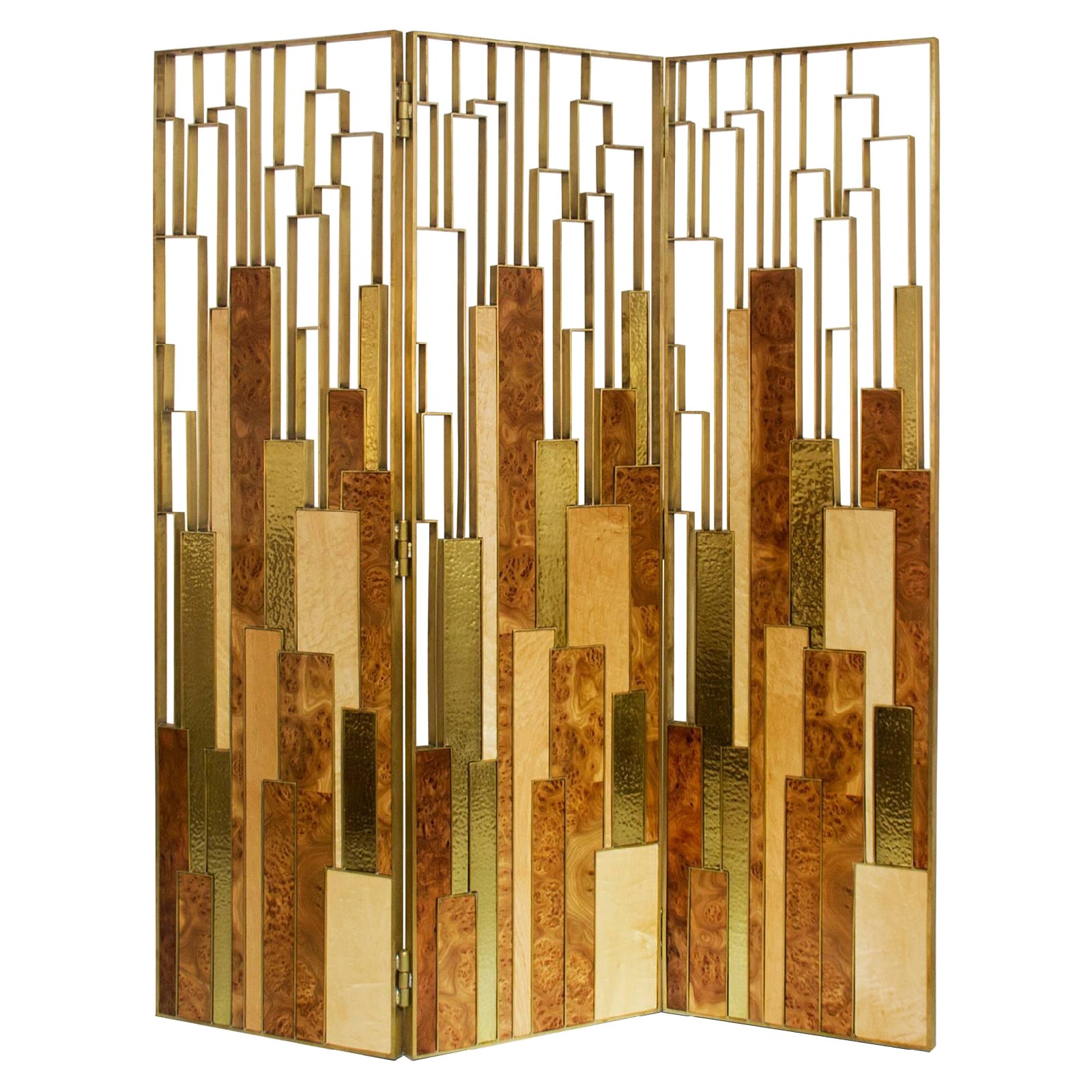 Paravento in olmo dorato con impiallacciatura in ottone e Wood