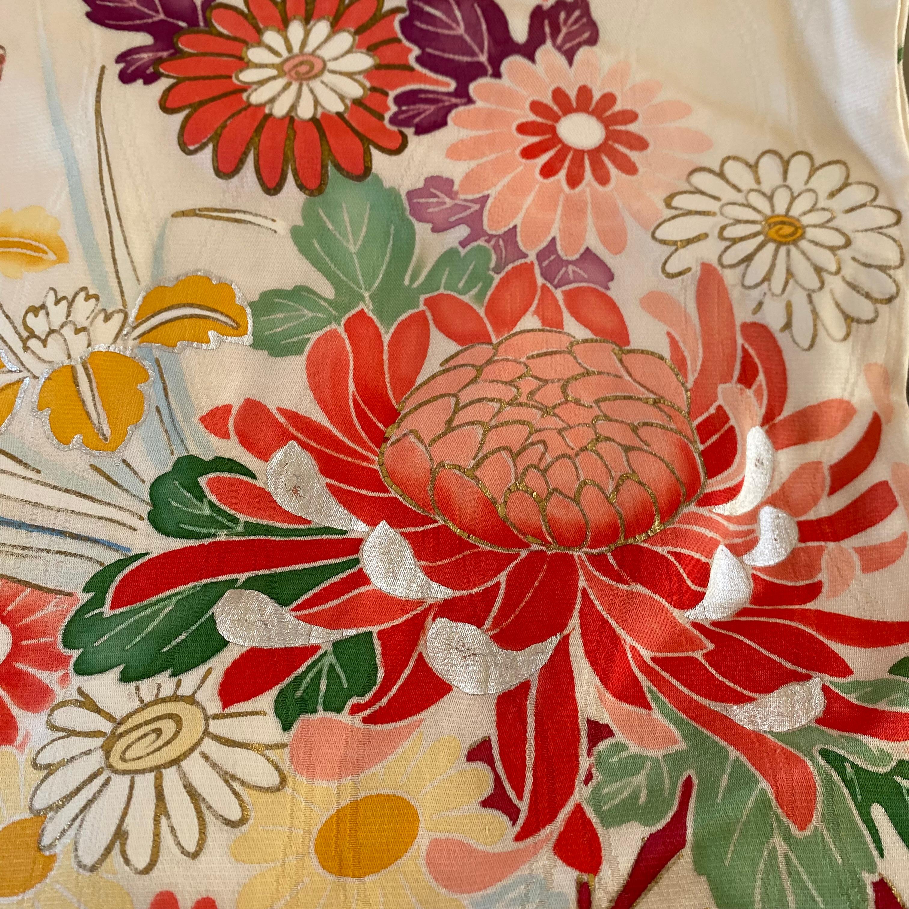 Gold Embroidered Antique Japanese Pale Green Fancy Silk Furisode Floral Kimono 5