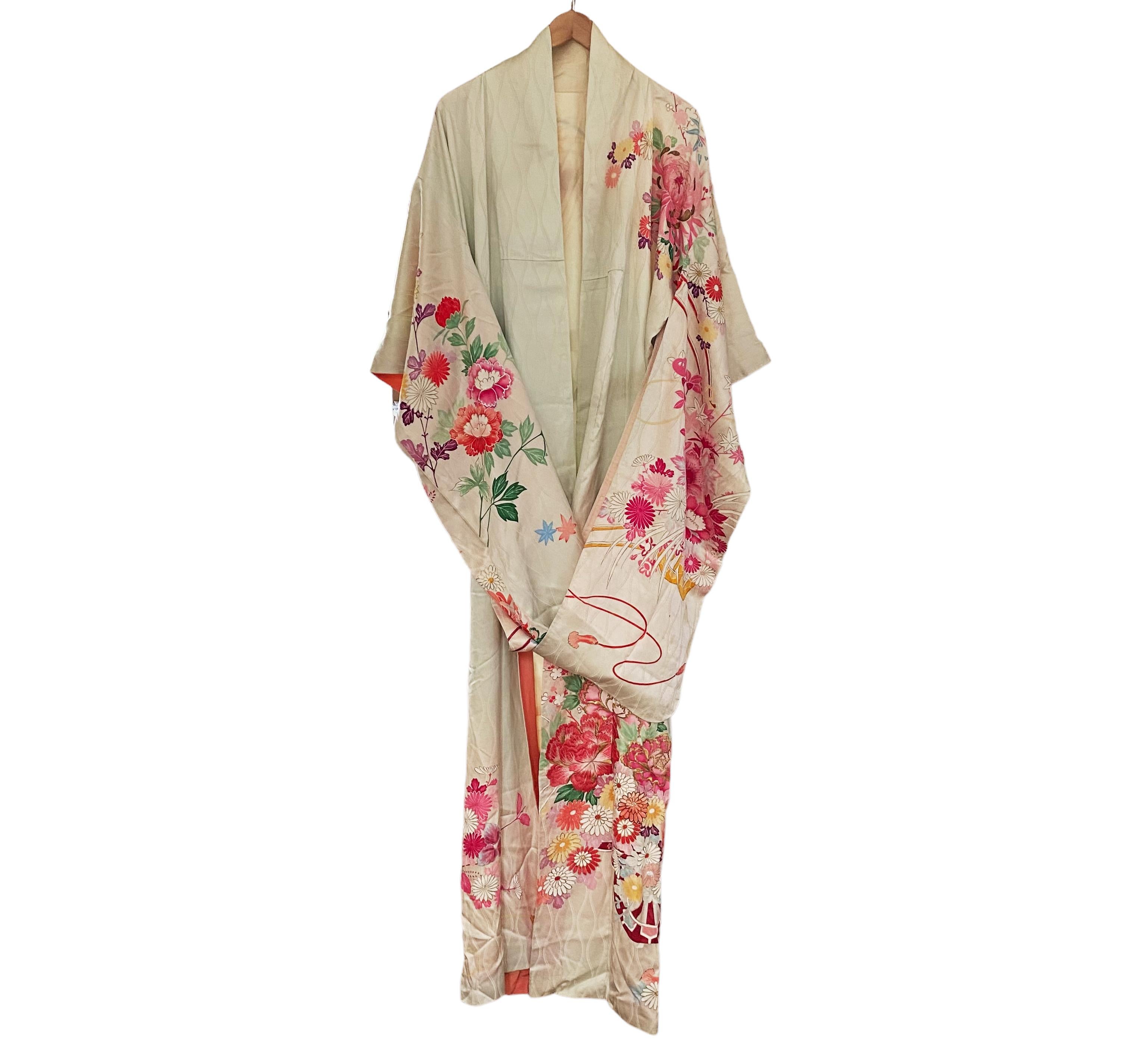 Gold Embroidered Antique Japanese Pale Green Fancy Silk Furisode Floral Kimono 6