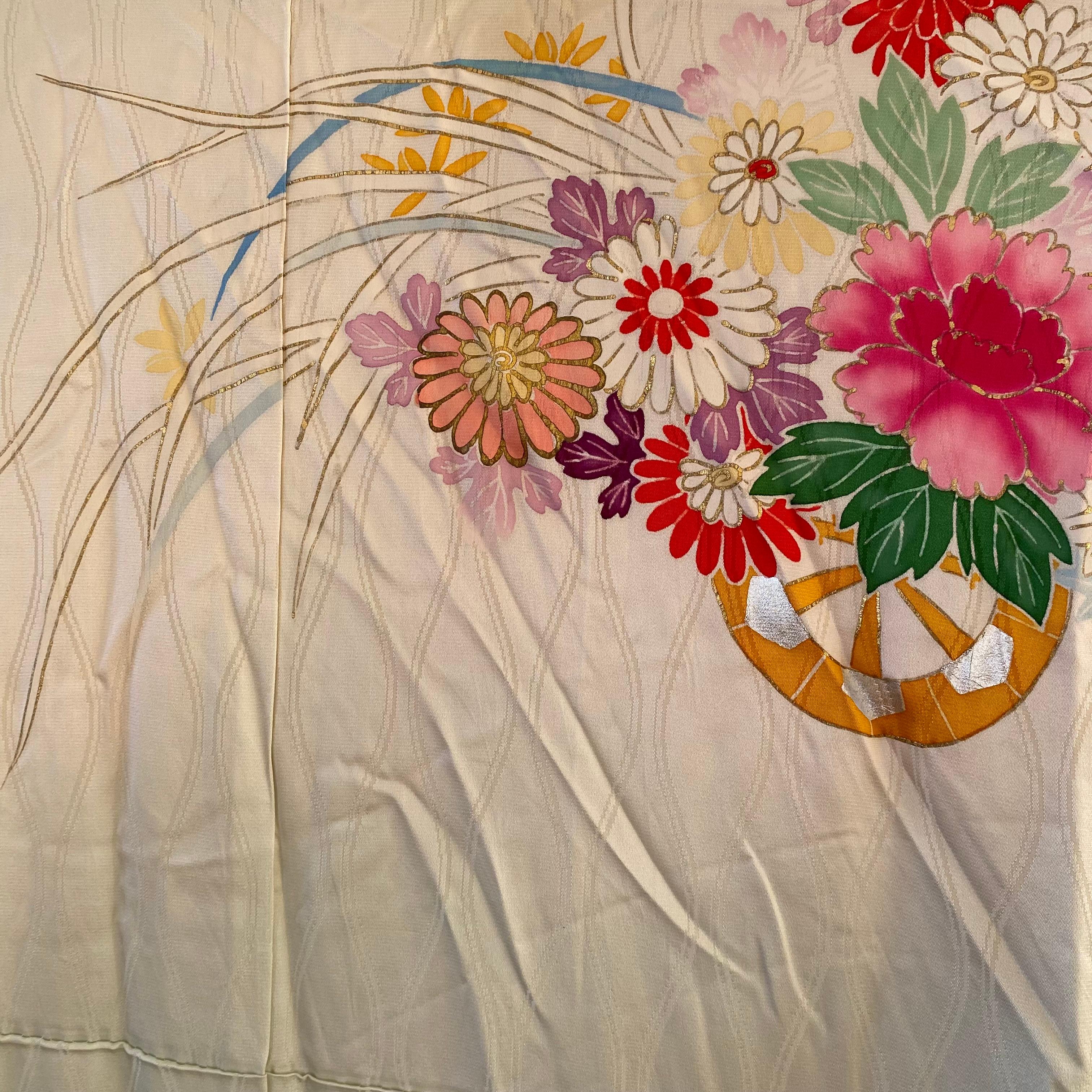 Gold Embroidered Antique Japanese Pale Green Fancy Silk Furisode Floral Kimono 2