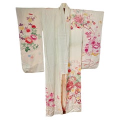 Gold Embroidered Antique Japanese Pale Green Fancy Silk Furisode Floral Kimono 
