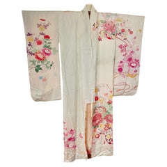 Gold Embroidered Antique Japanese Pale Green Fancy Silk Furisode Floral Kimono