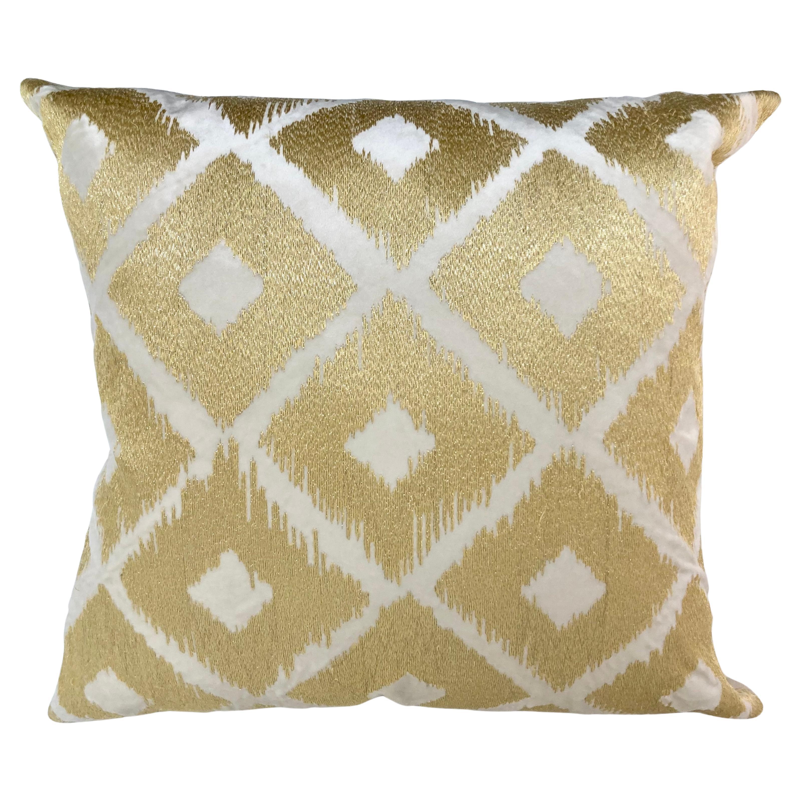 Gold Embroidered Diamond Pattern on Natural Velvet All Down Toss Pillow - 2