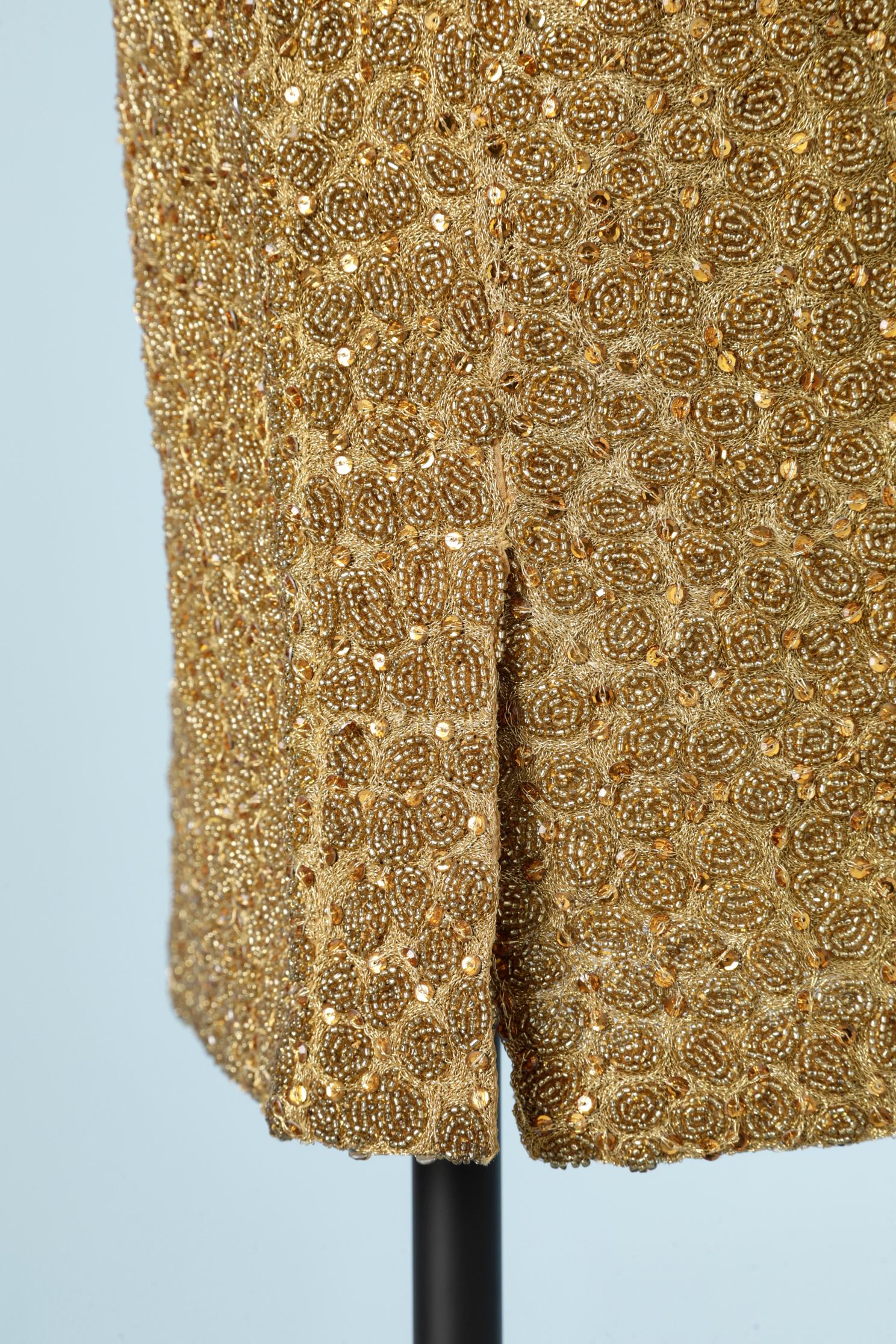 Brown Gold embroidered pencil skirt  and yellow gold satin belt Gianni Versace  For Sale