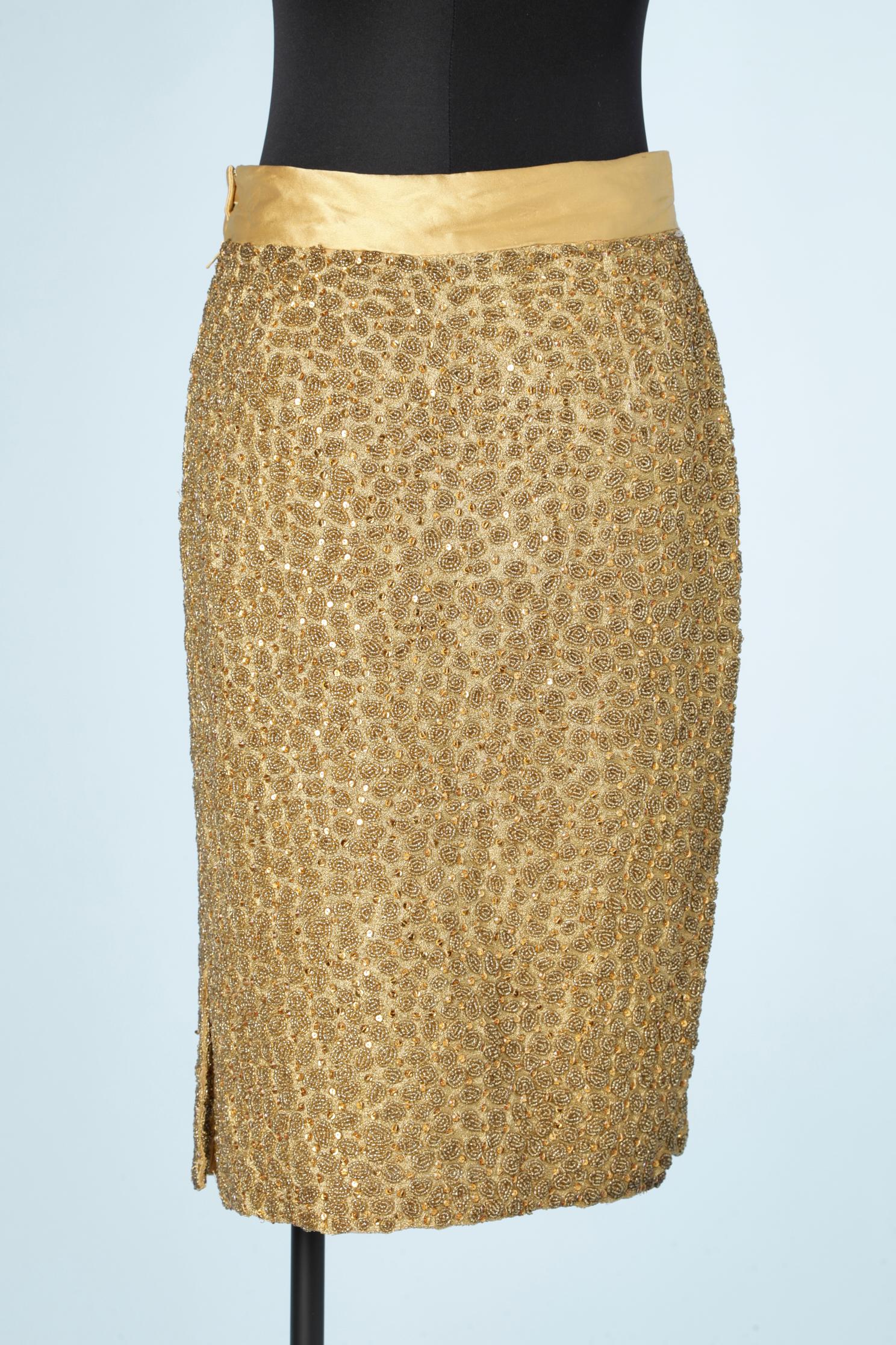 Women's Gold embroidered pencil skirt  and yellow gold satin belt Gianni Versace  For Sale