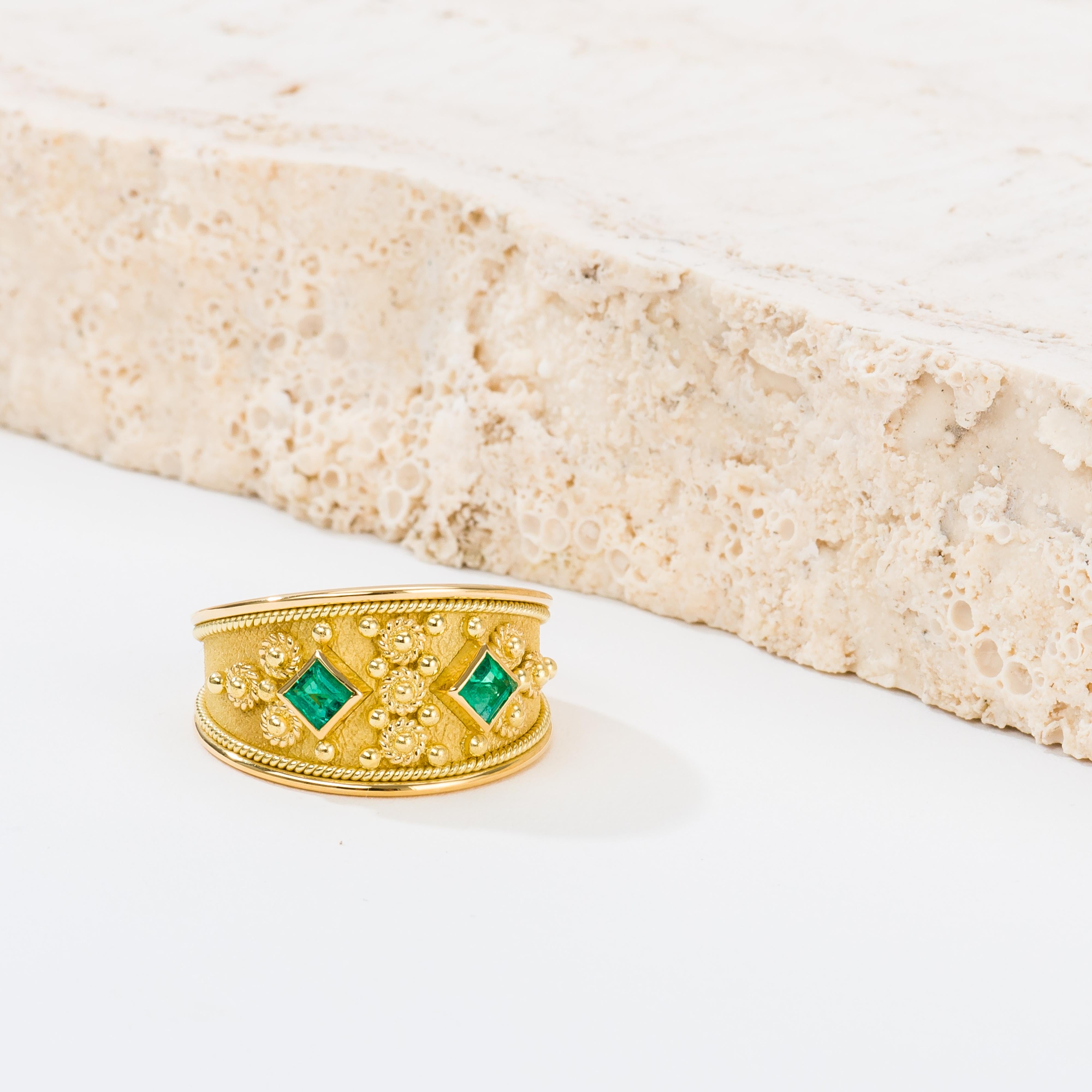 Square Cut Gold Emerald Byzantine Ring For Sale