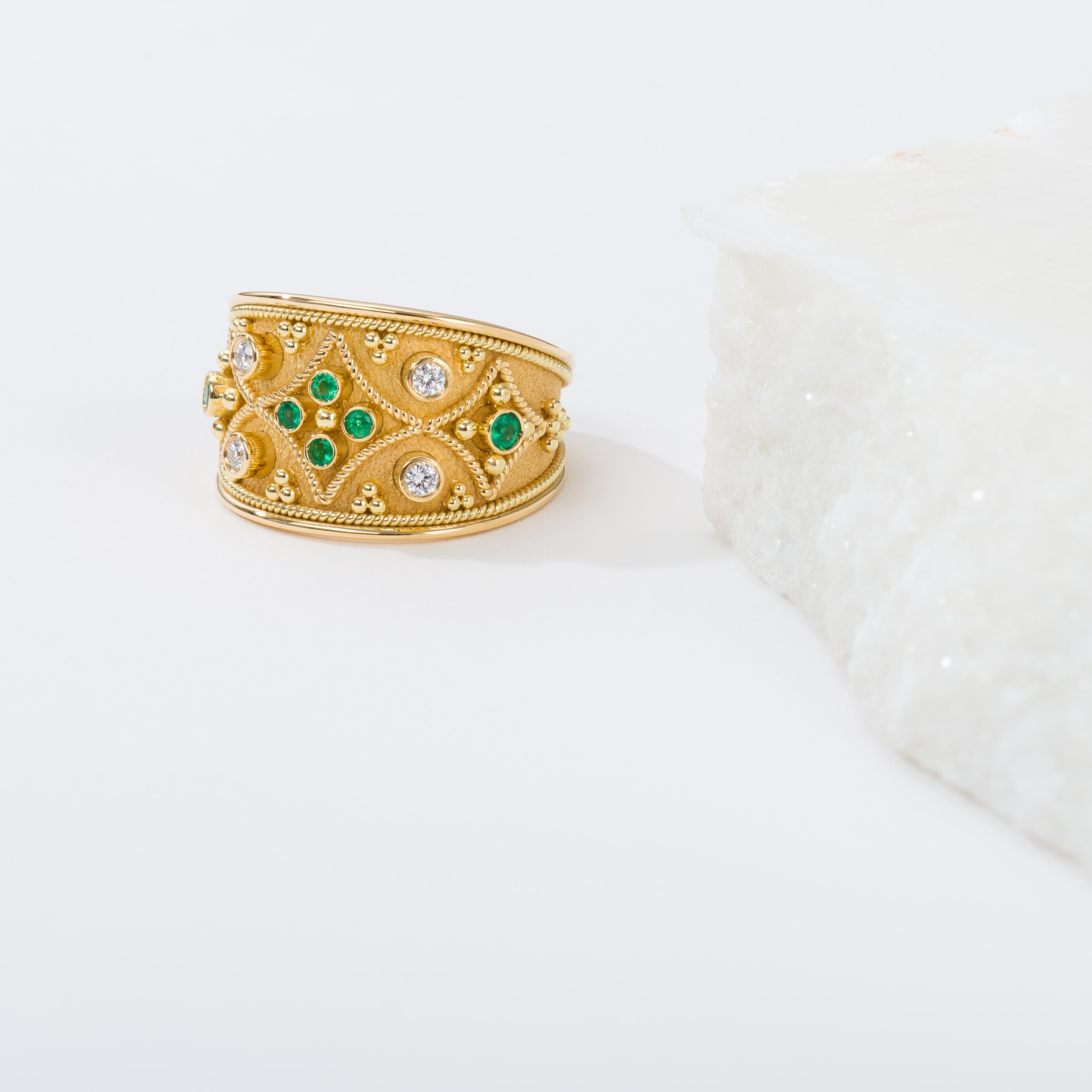 Brilliant Cut Gold Emerald Byzantine Ring with Diamonds For Sale