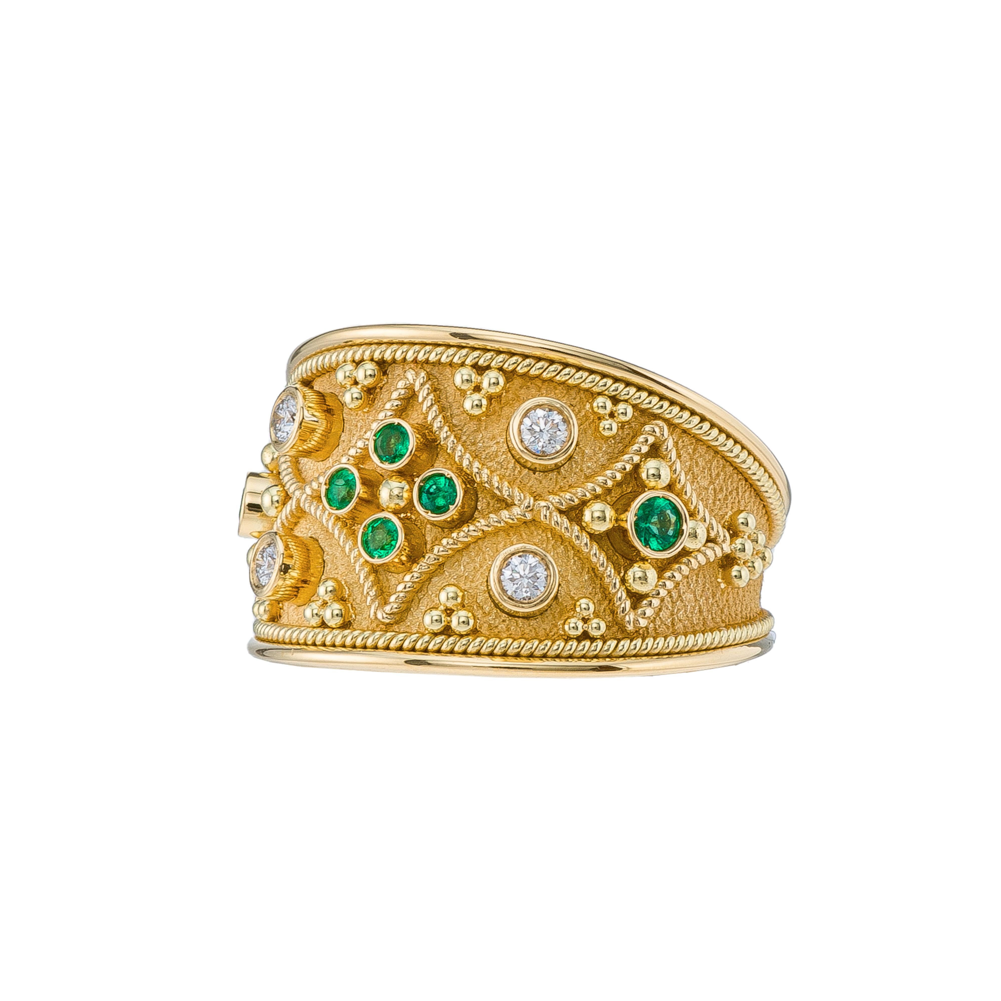Byzantinischer Ring aus Gold mit Smaragd und Diamanten Damen im Angebot