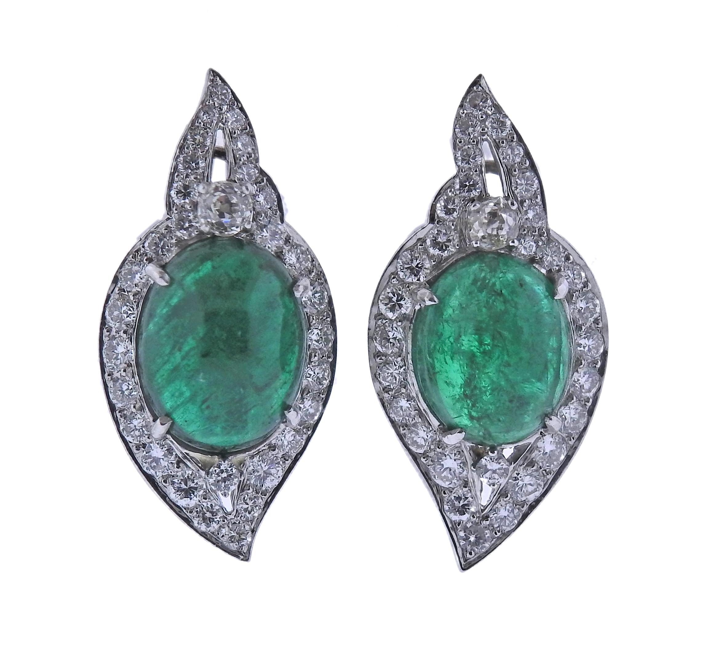 Women's Gold Emerald Cabochon Diamond Earrings