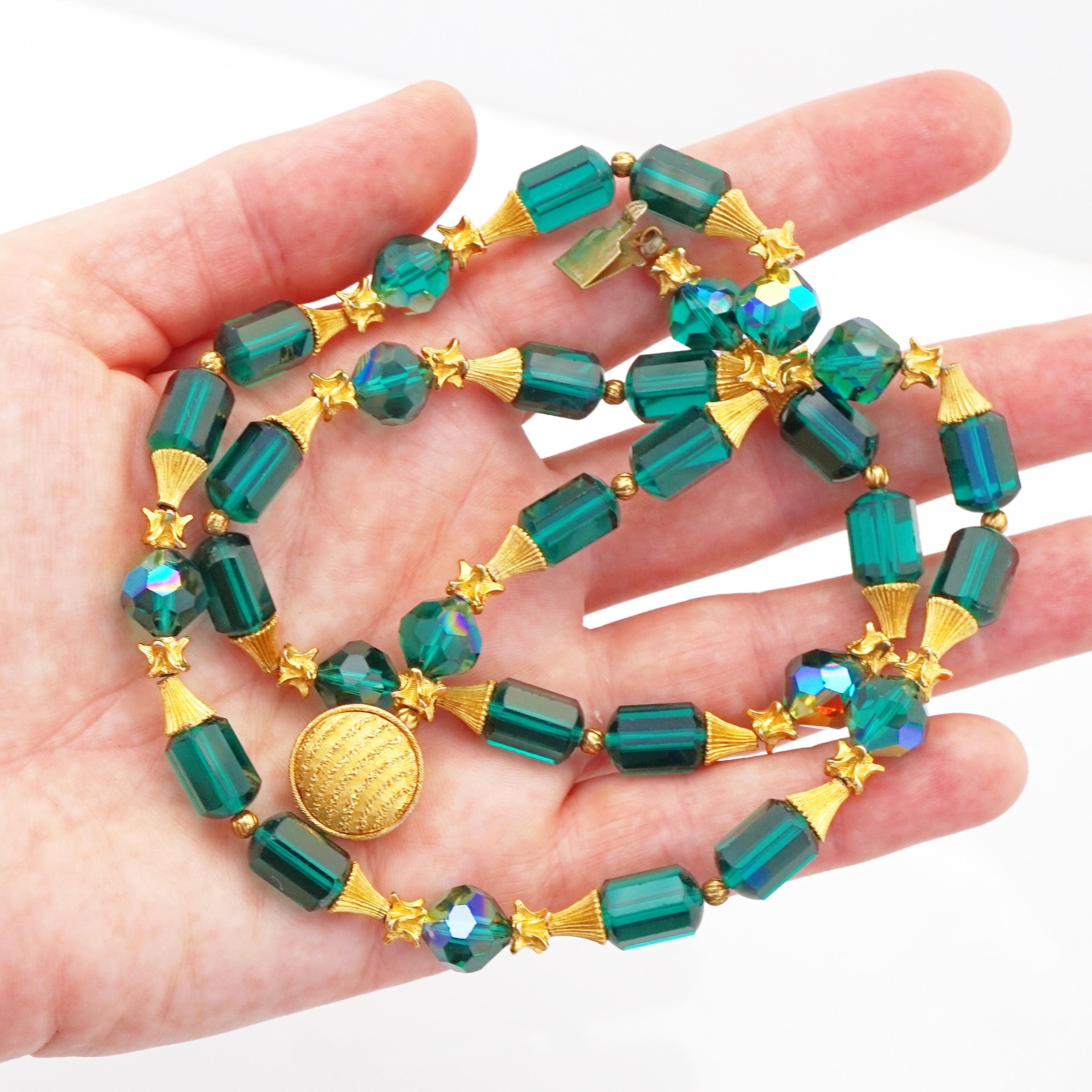 Modern Gold & Emerald Crystal Beaded Necklace By Vendome, 1960s