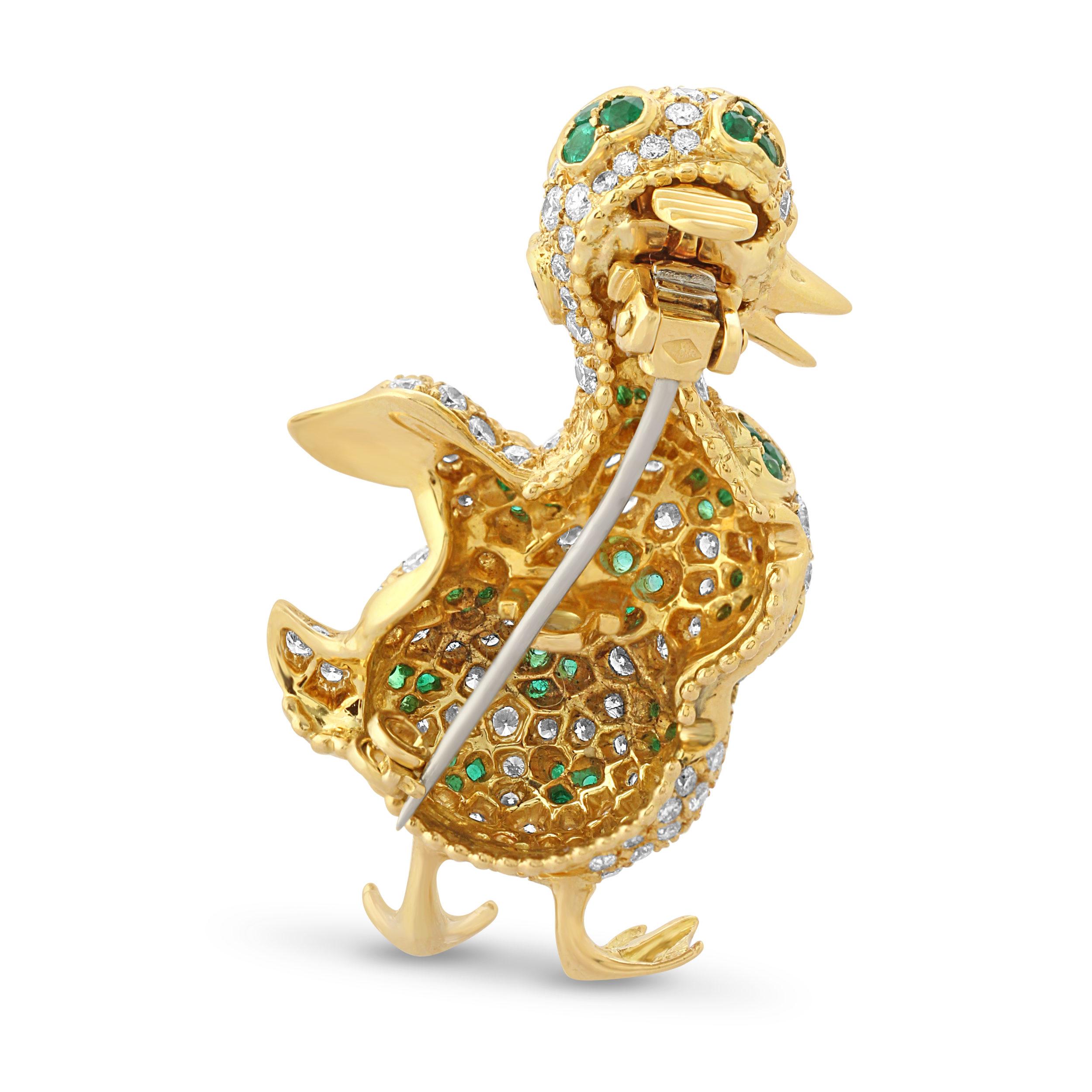 Brilliant Cut Gold, Emerald & Diamond Duck Brooch by Reza