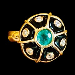 14k Gold Black Onyx, Emerald & Diamonds Floral Ring, Size 4