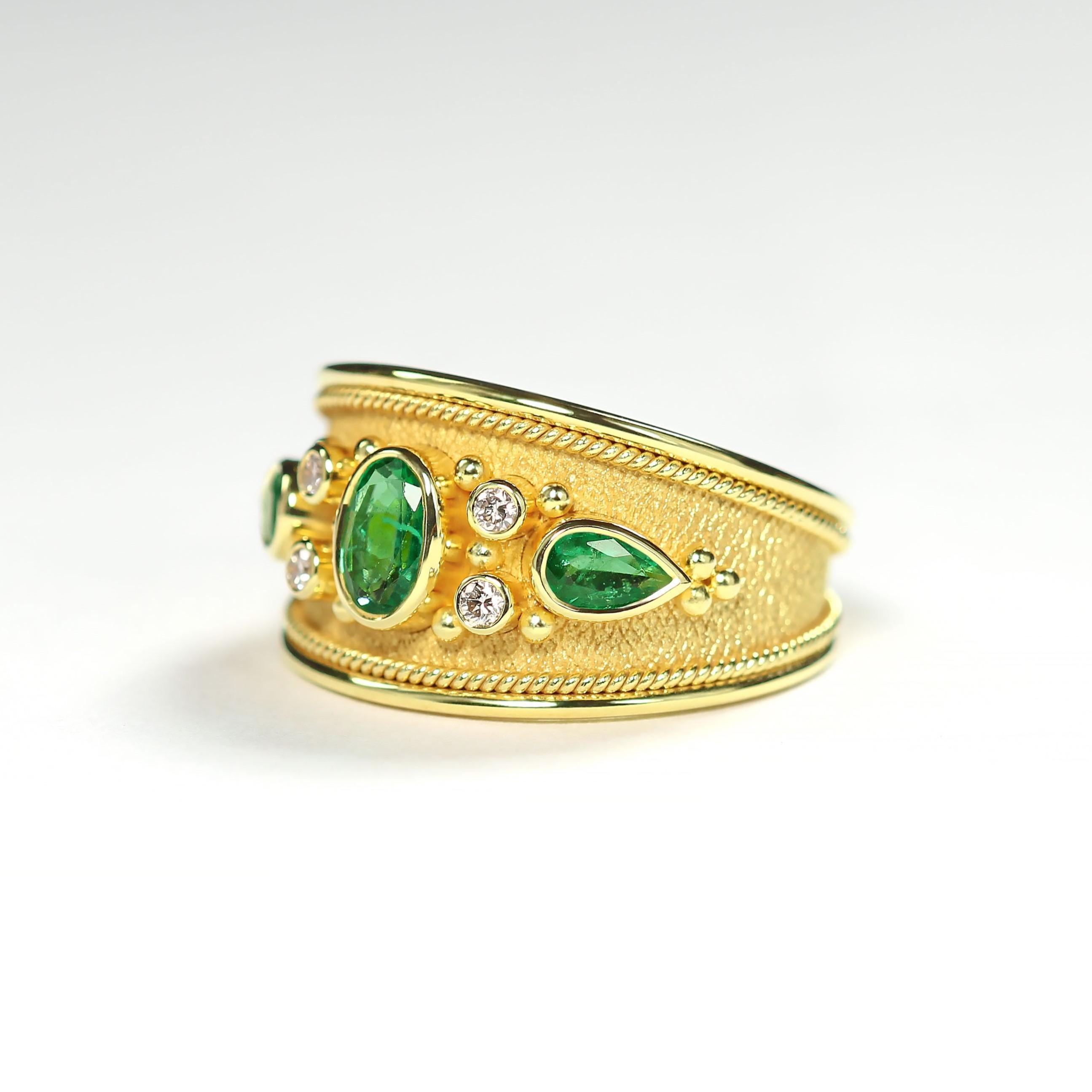 Pear Cut Gold Emerald Ring with Diamonds For Sale