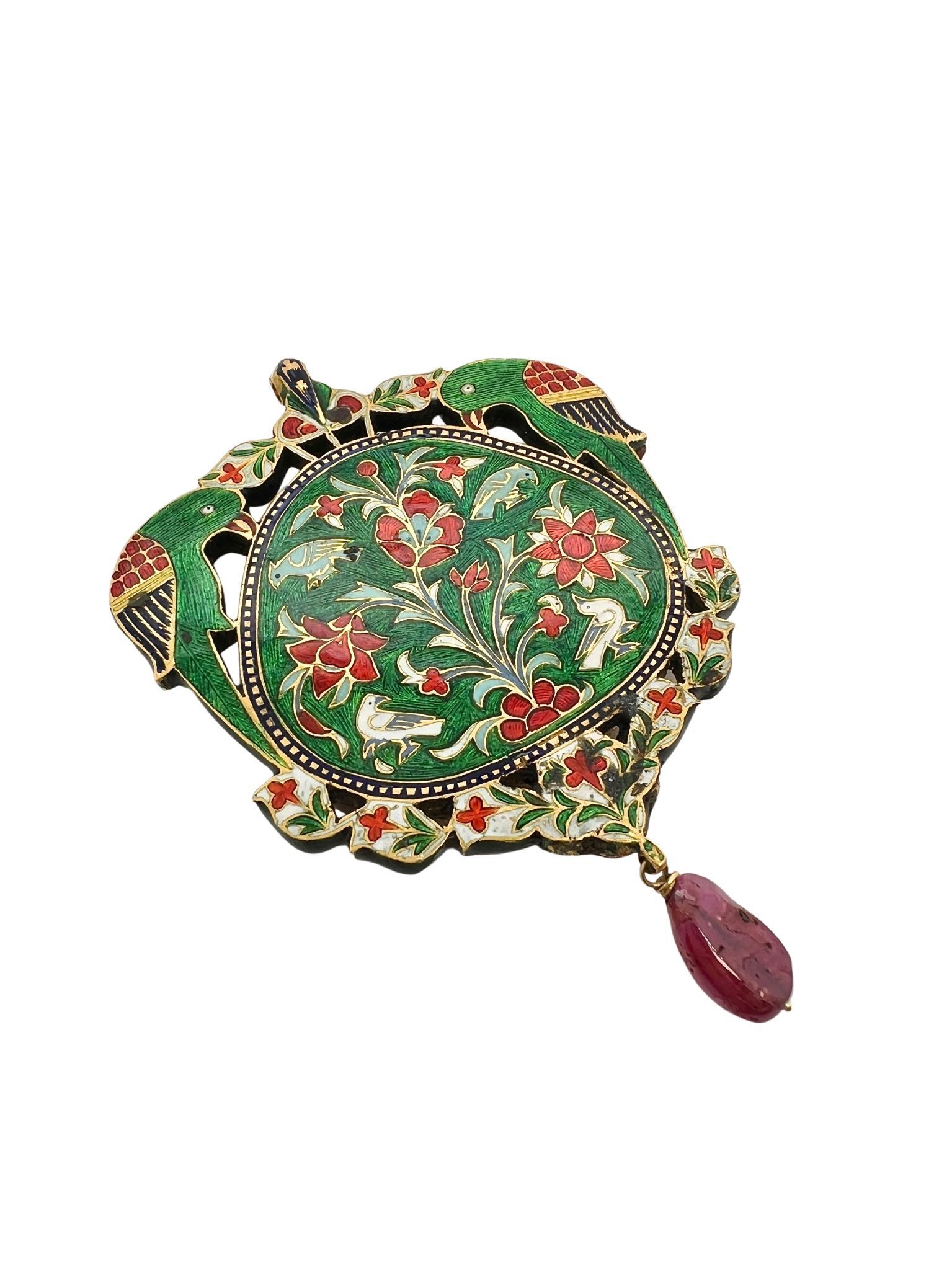 Mixed Cut Gold Emerald Ruby and Diamond Pendant For Sale