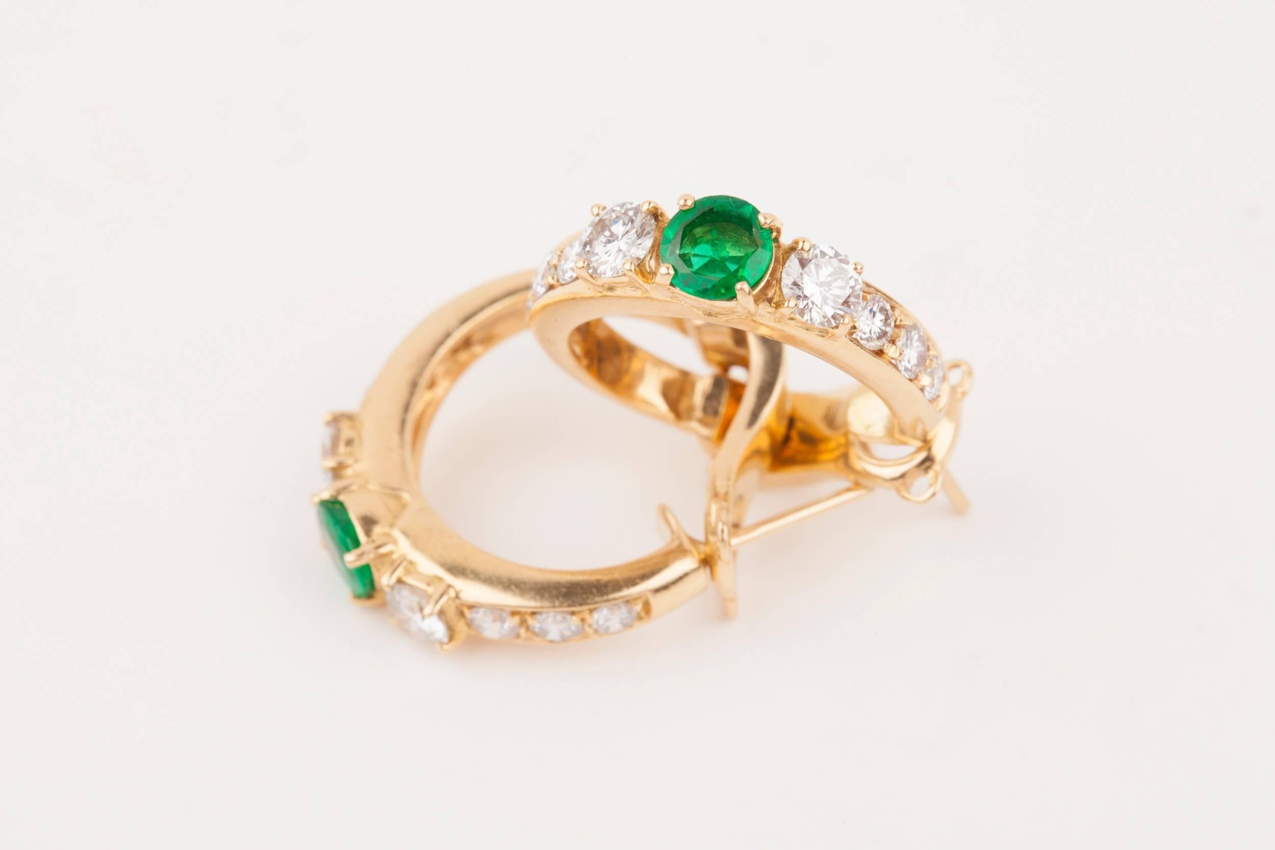 Gold Emeralds and Diamonds French Créoles Earrings 5