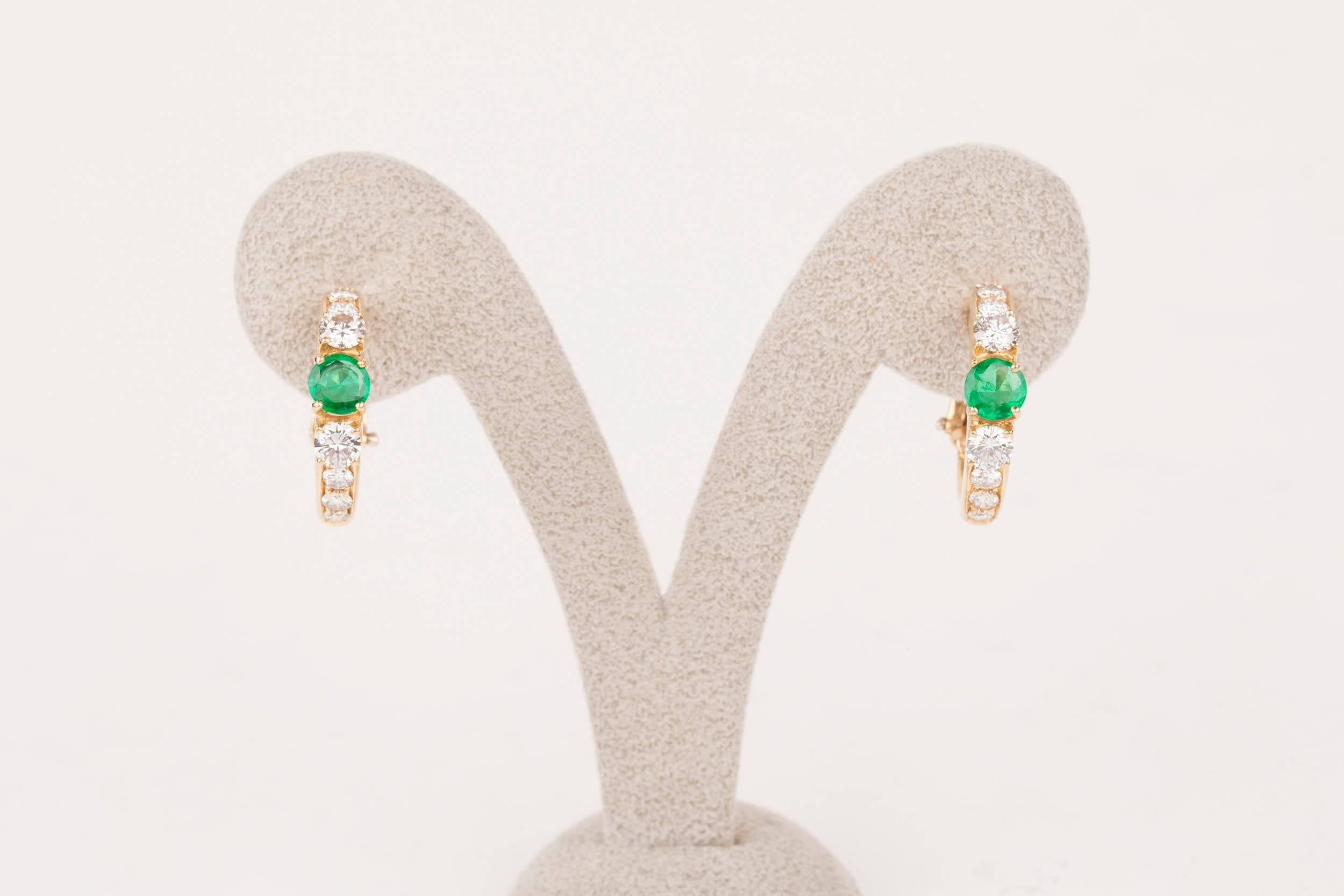 Gold Emeralds and Diamonds French Créoles Earrings 8