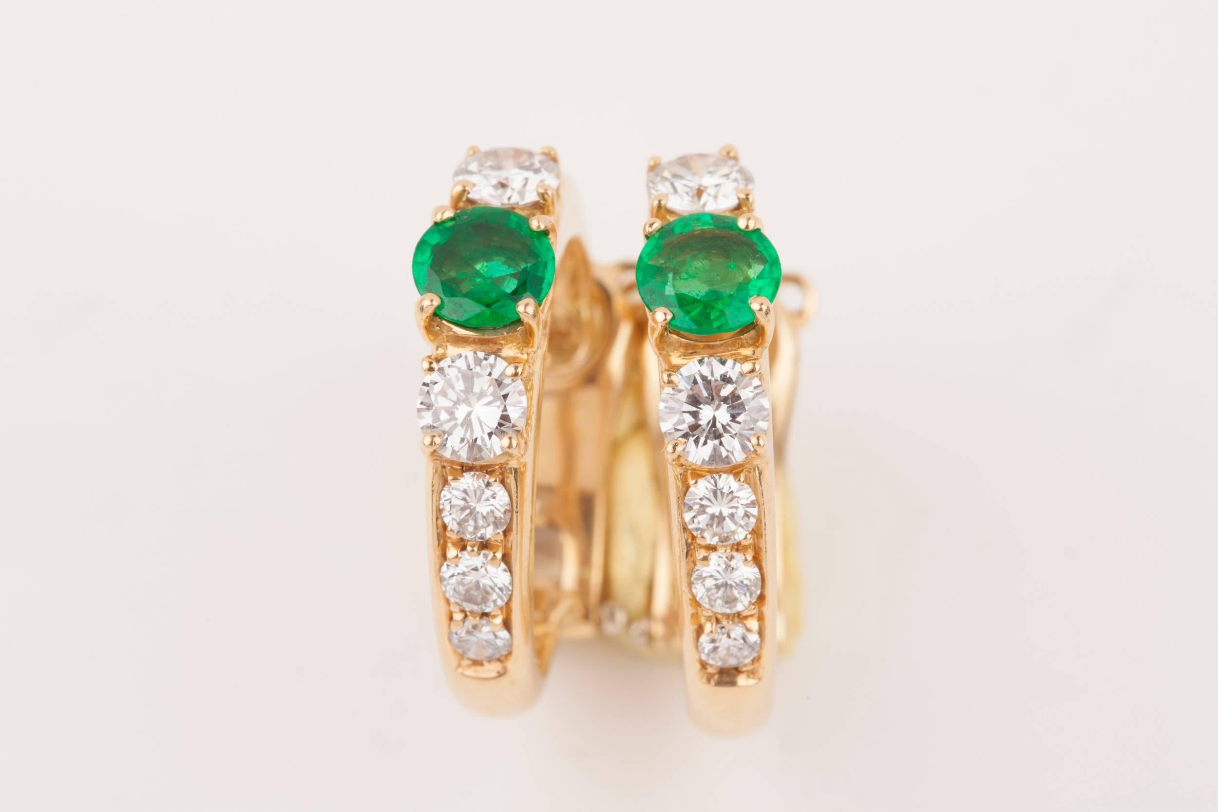 Round Cut Gold Emeralds and Diamonds French Créoles Earrings