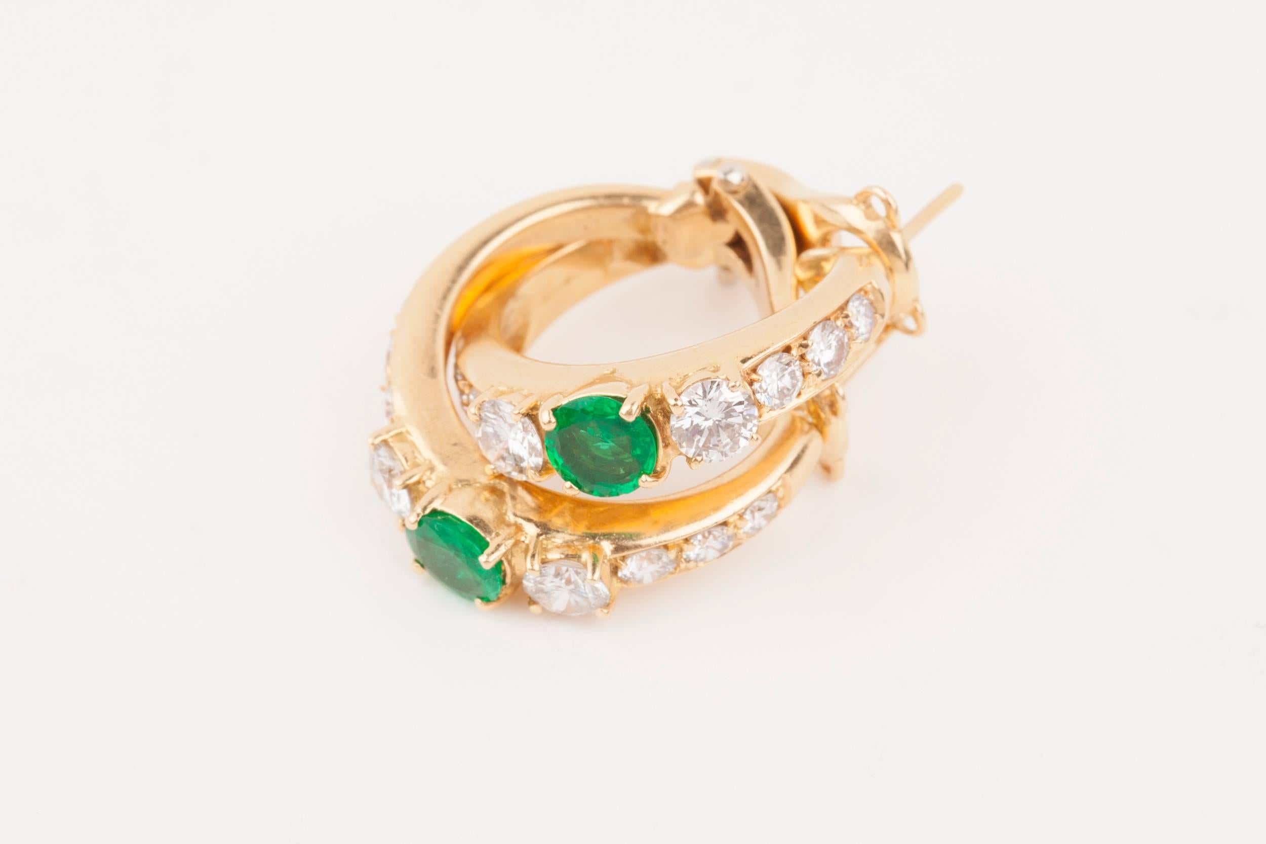 Gold Emeralds and Diamonds French Créoles Earrings 3