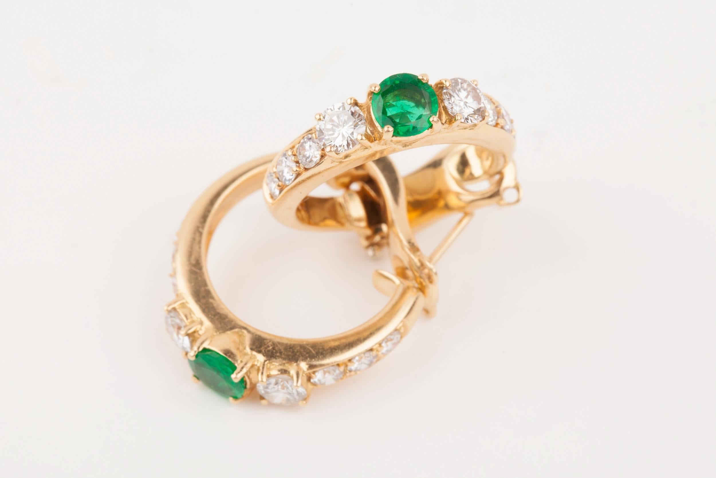 Gold Emeralds and Diamonds French Créoles Earrings 4