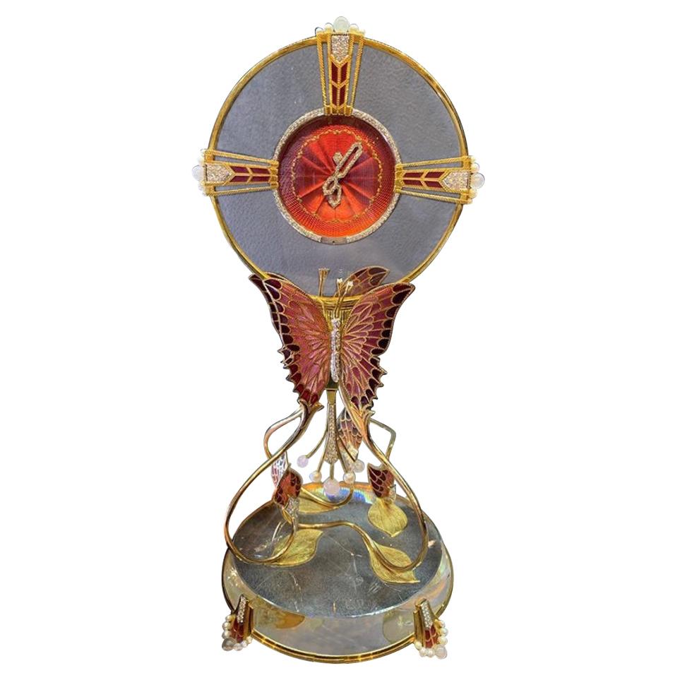 Gold Enamel and Gem Set Butterfly Clock by Garrard