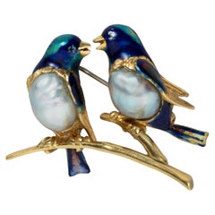 Gold Enamel and Pearl Bird Brooch