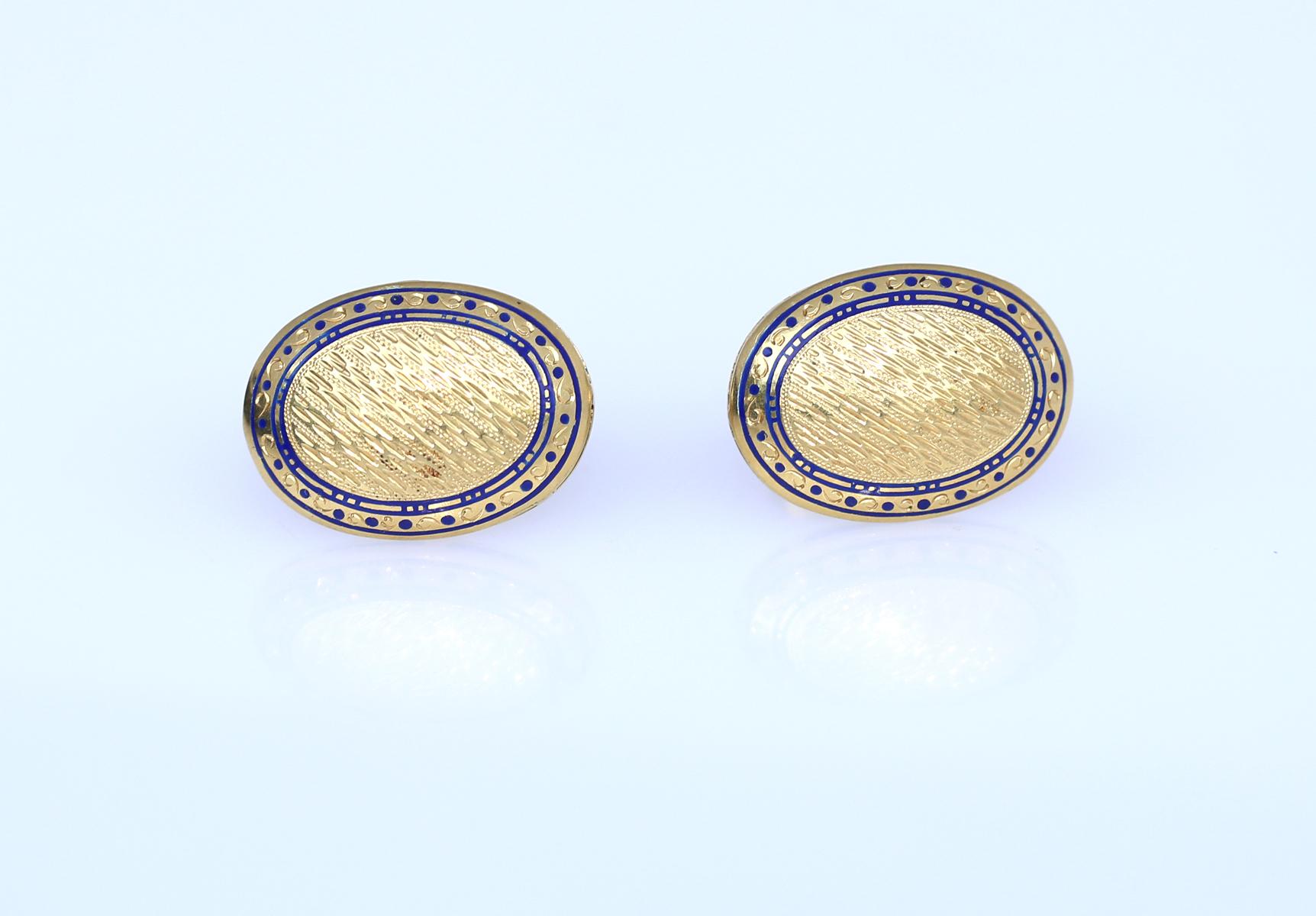 Classic and stylish Gold with Blue Enamel Cufflinks. The art of fine dressing is almost gone from our everyday life, but these fine items are a great reminder of how stylish a white shirt can be. Suitable for both ladies and gents it elevates the