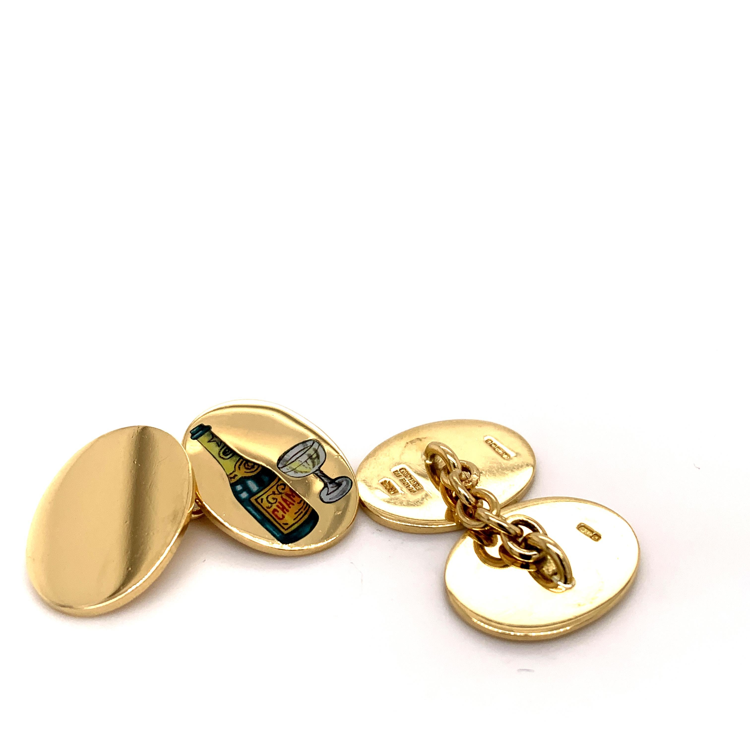 Gold and Enamel Deakin & Francis Champagne Cufflinks In Excellent Condition For Sale In New York, NY
