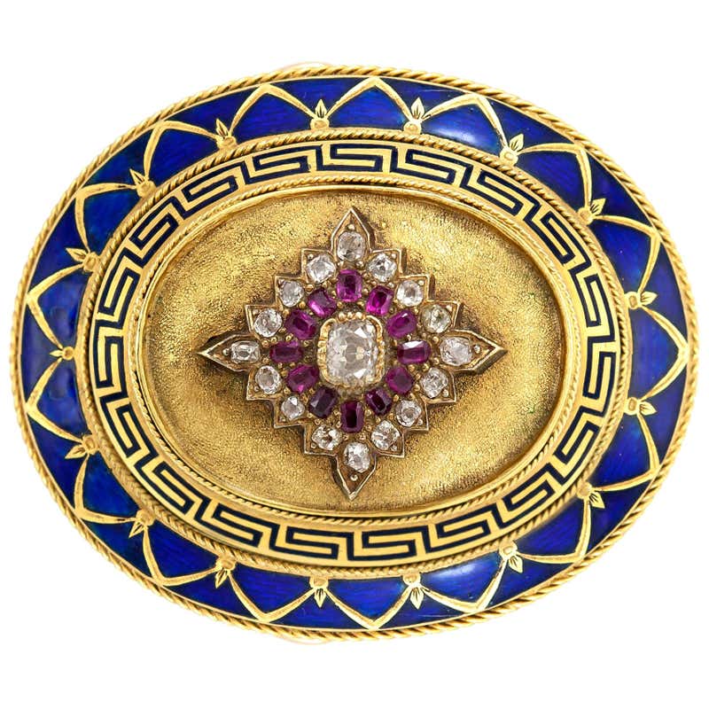 Gold, Enamel, Diamond and Ruby Brooch For Sale at 1stDibs
