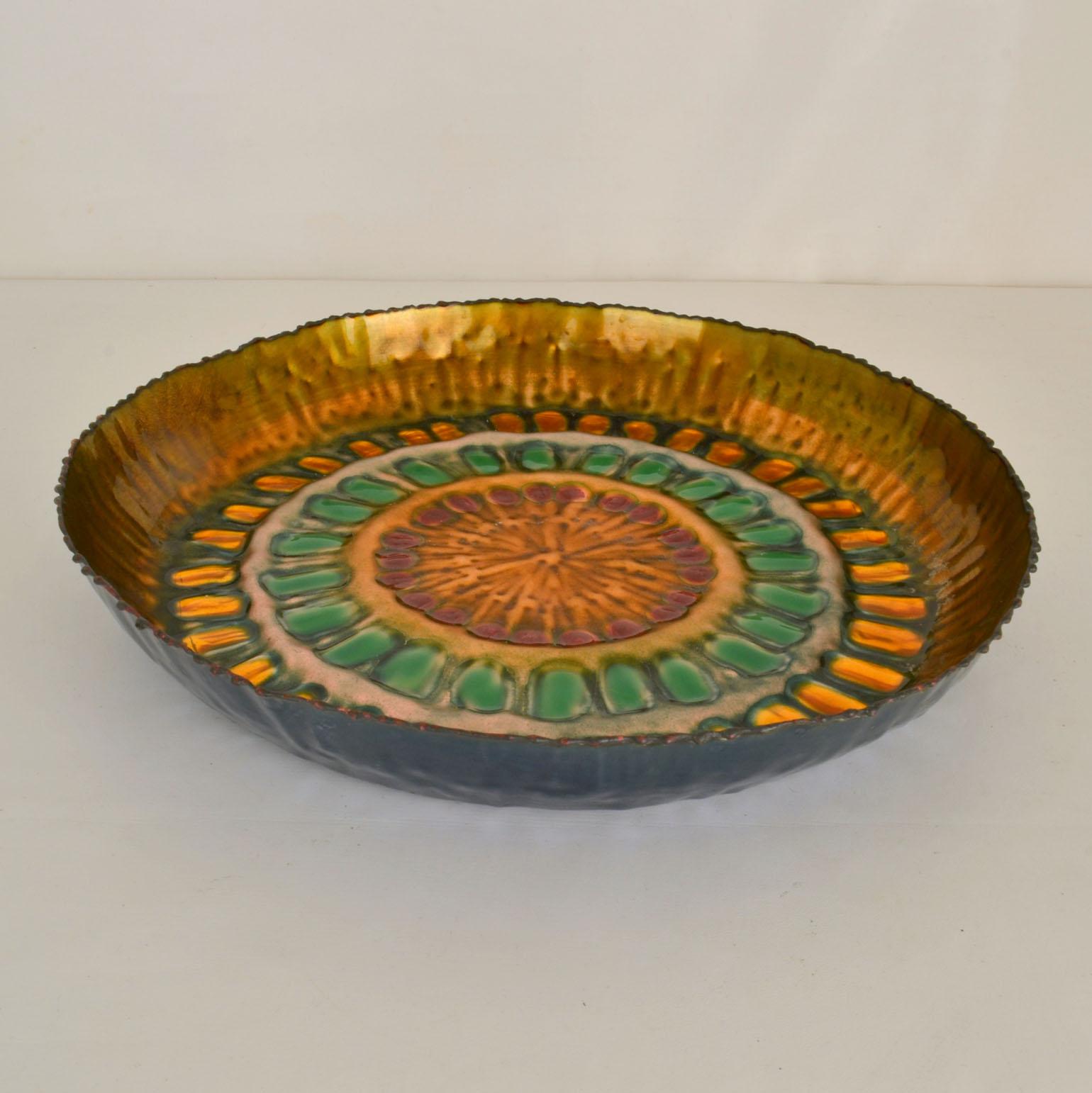 Gold Enamel Large Dish Italy 1960's in the Style of Paolo De Poli In Excellent Condition For Sale In London, GB