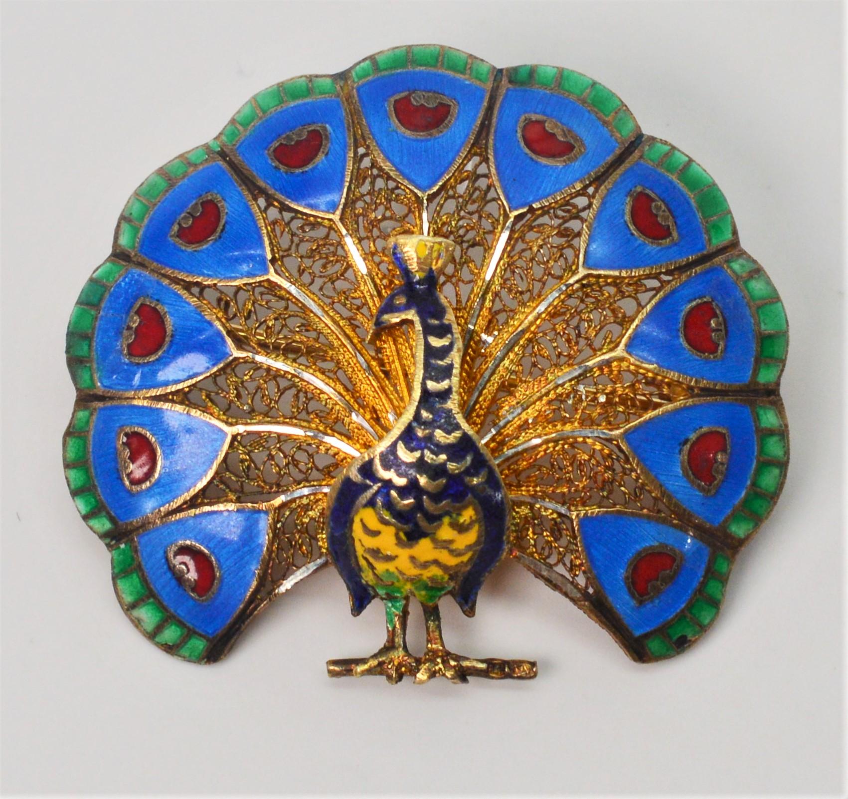 Women's Gold Enamel Peacock Pin Brooch