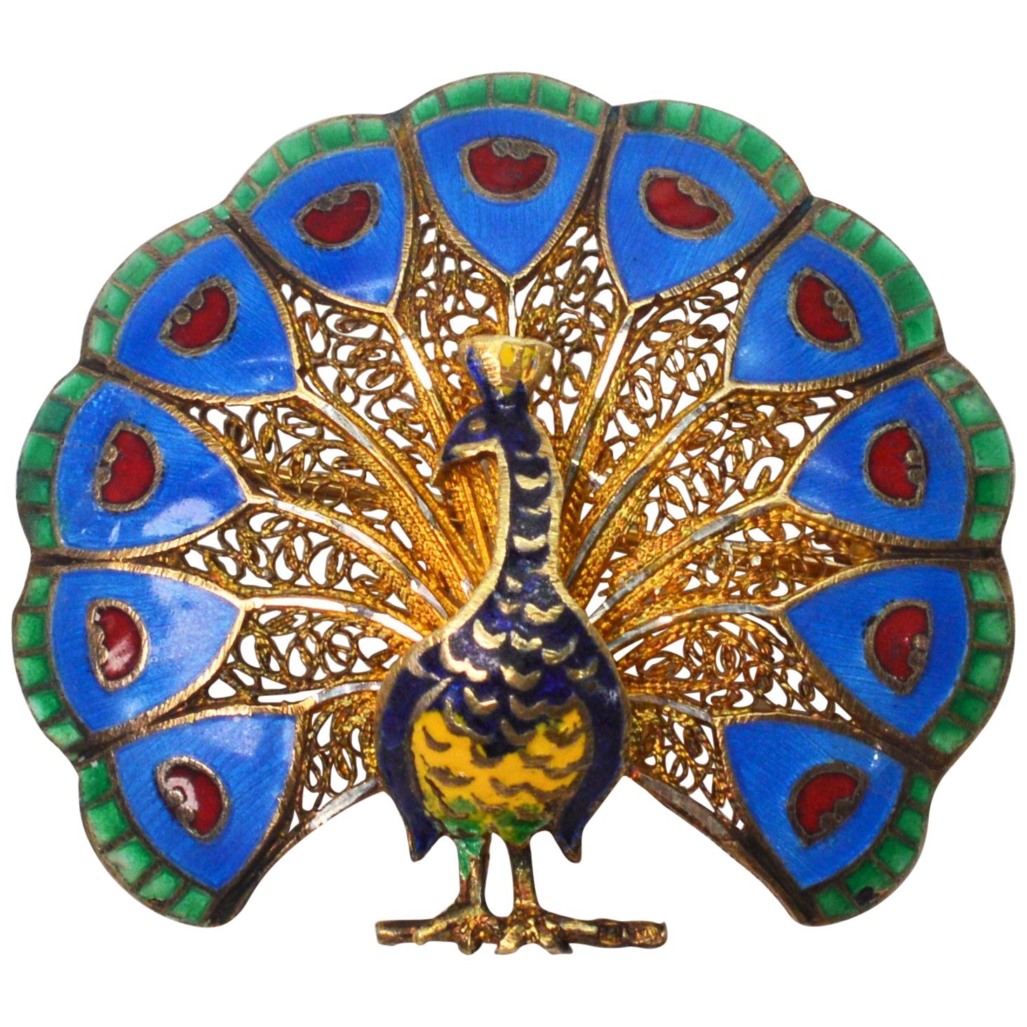 Gold Enamel Peacock Pin Brooch