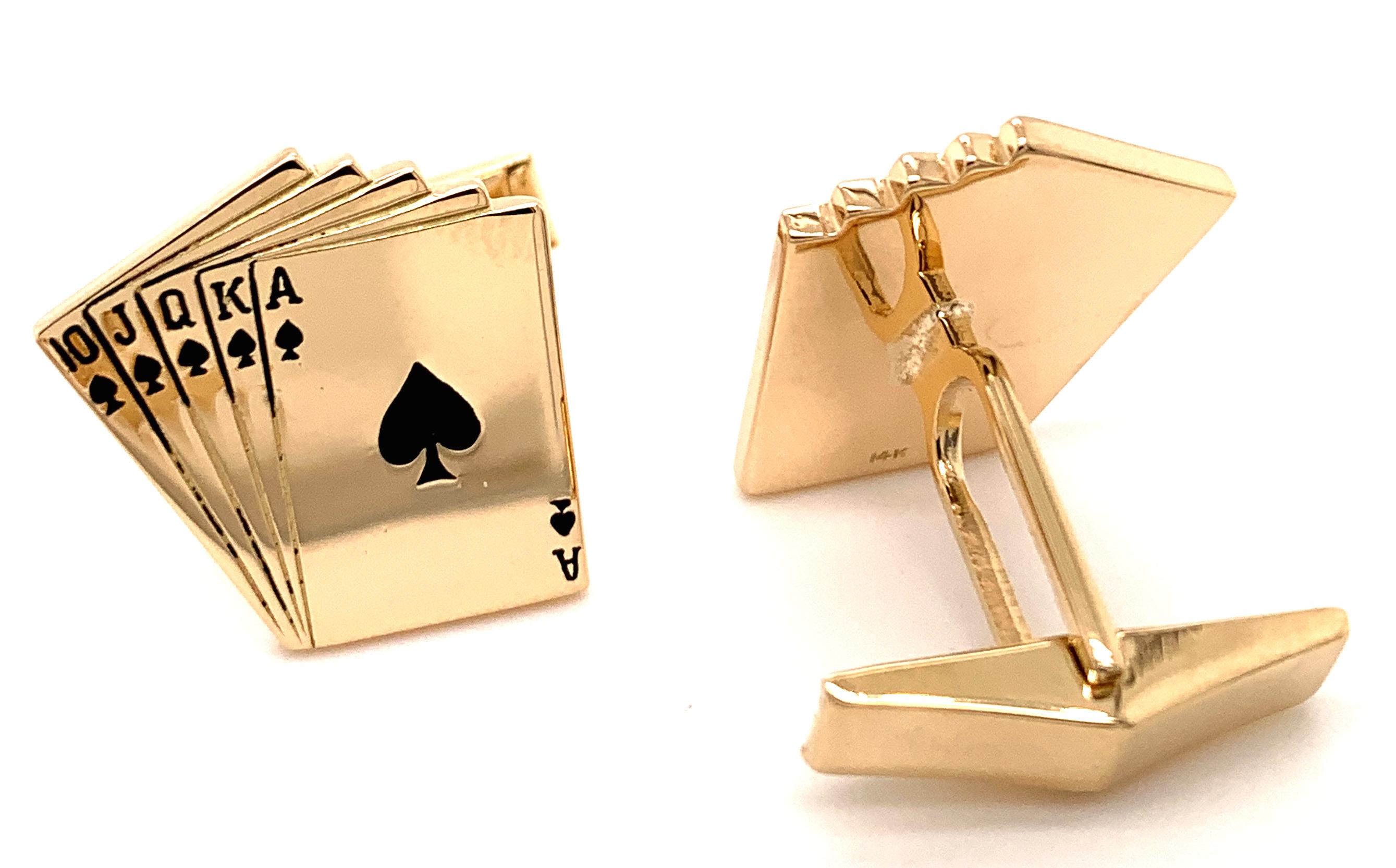 Gold and Enamel Royal Flush Cufflinks In Excellent Condition For Sale In New York, NY