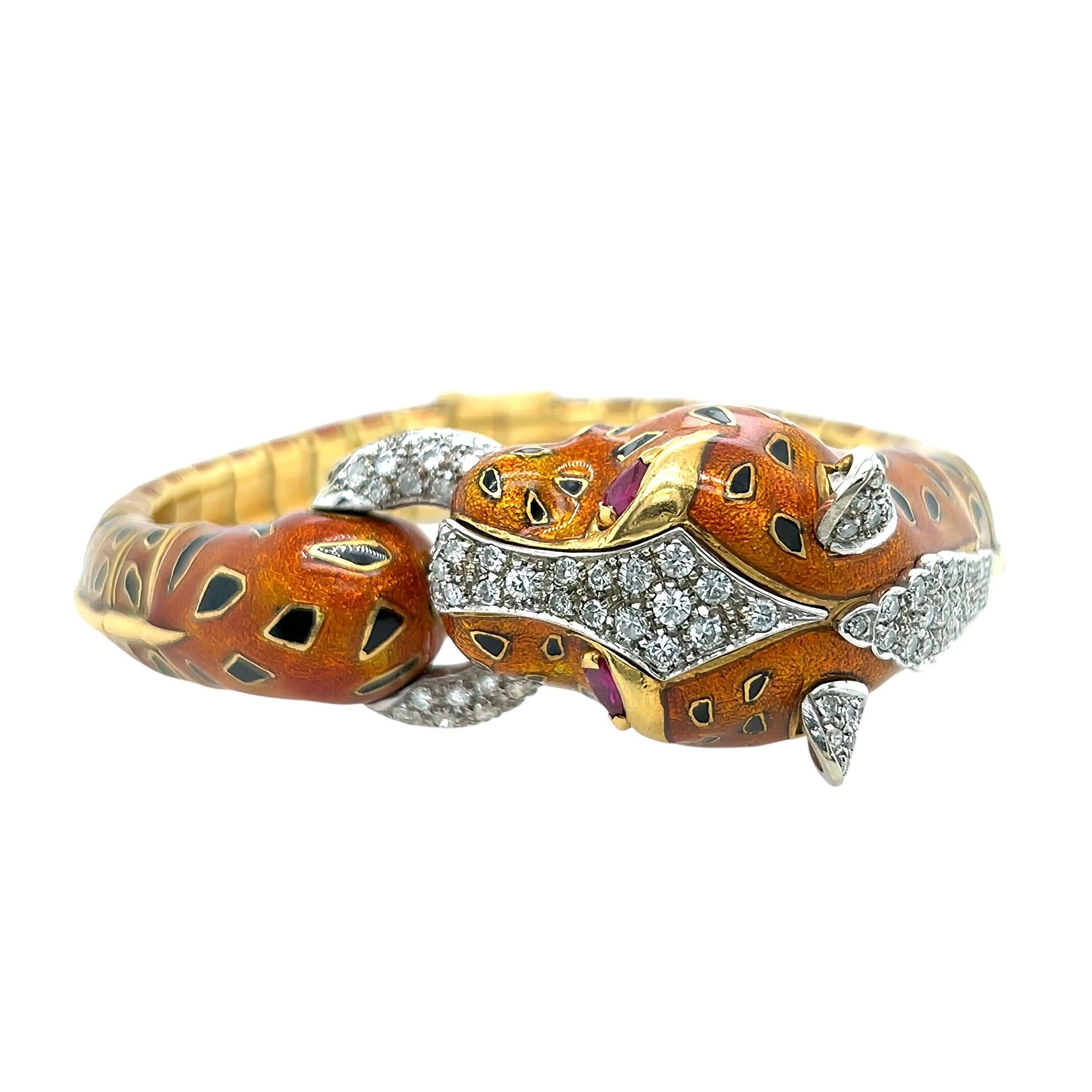 Brilliant Cut Gold Enamel Ruby Diamond Leopard Head Bracelet