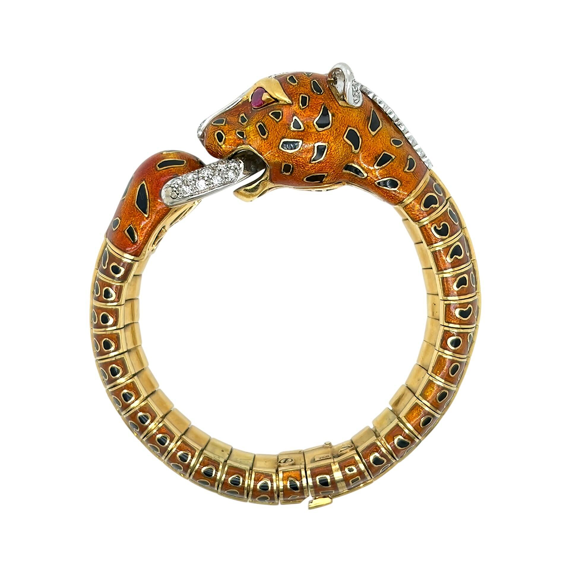 Gold Enamel Ruby Diamond Leopard Head Bracelet In Good Condition In New York, NY
