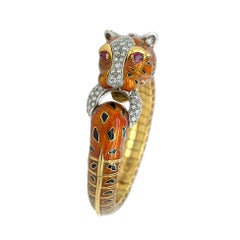 Gold Enamel Ruby Diamond Leopard Head Bracelet