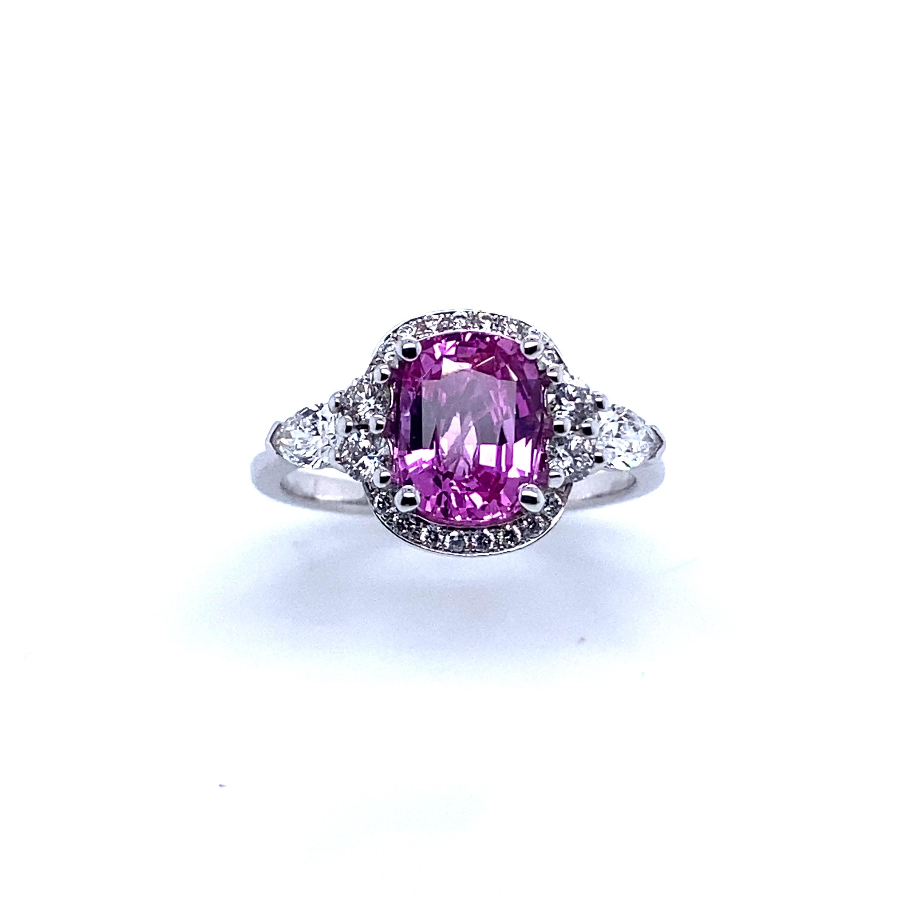 Cushion Cut Gold Engagement Ring Surmounted by a Pink Sapphire Surrounded by Diamonds