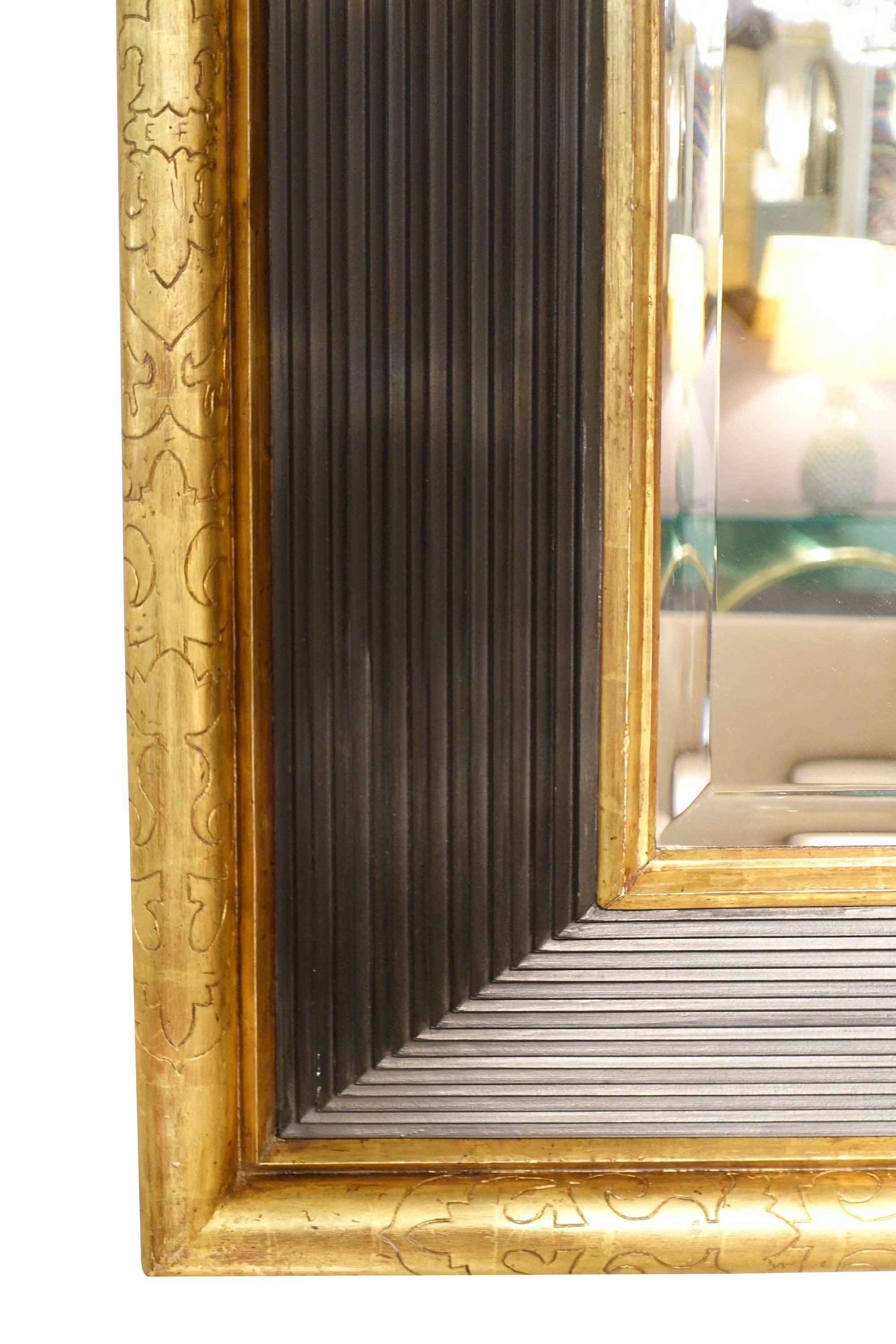 French Gold Engraved Brown Border Three Dimensional Framed Mirror, France, 19th Century