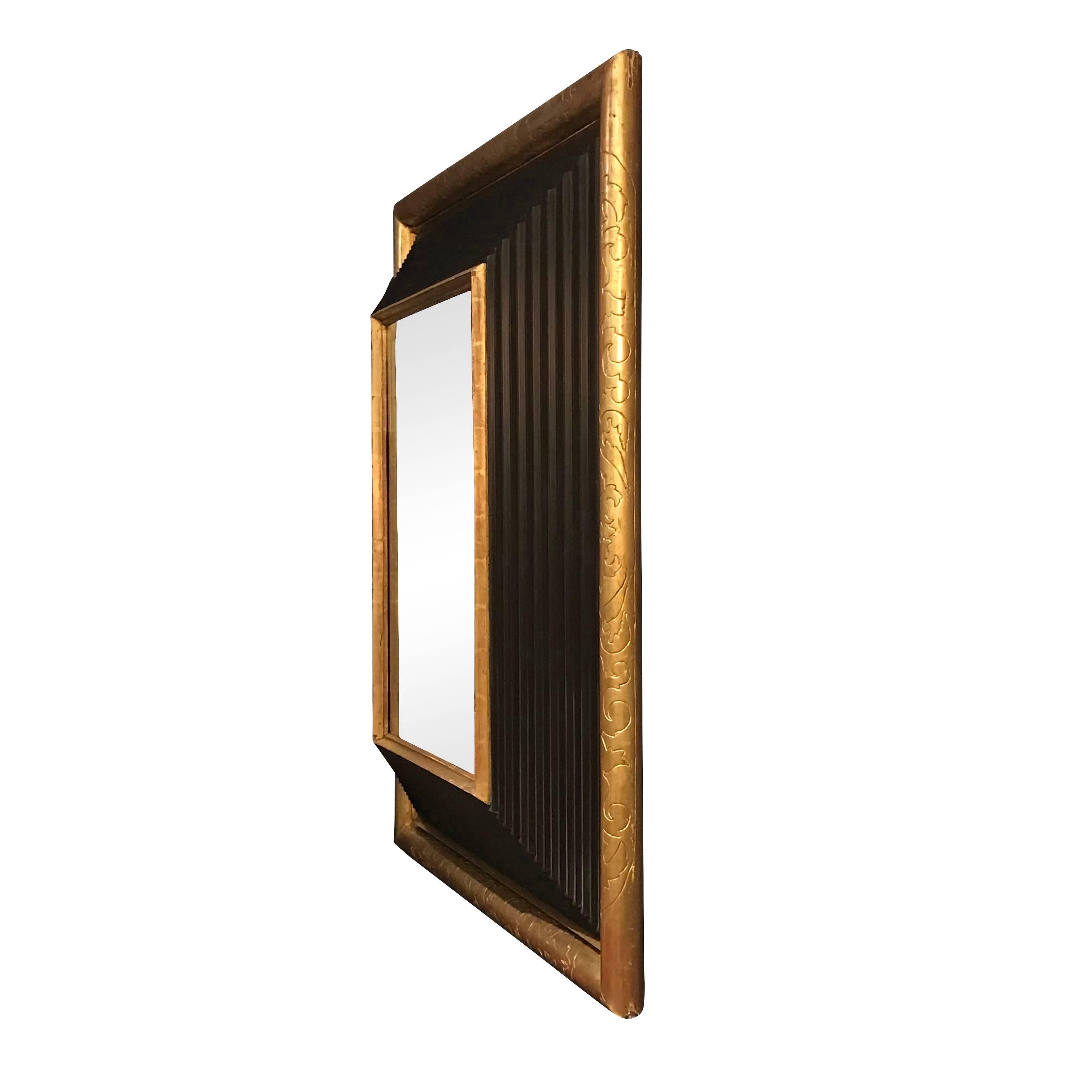 Ebonized Gold Engraved Brown Border Three Dimensional Framed Mirror, France, 19th Century For Sale