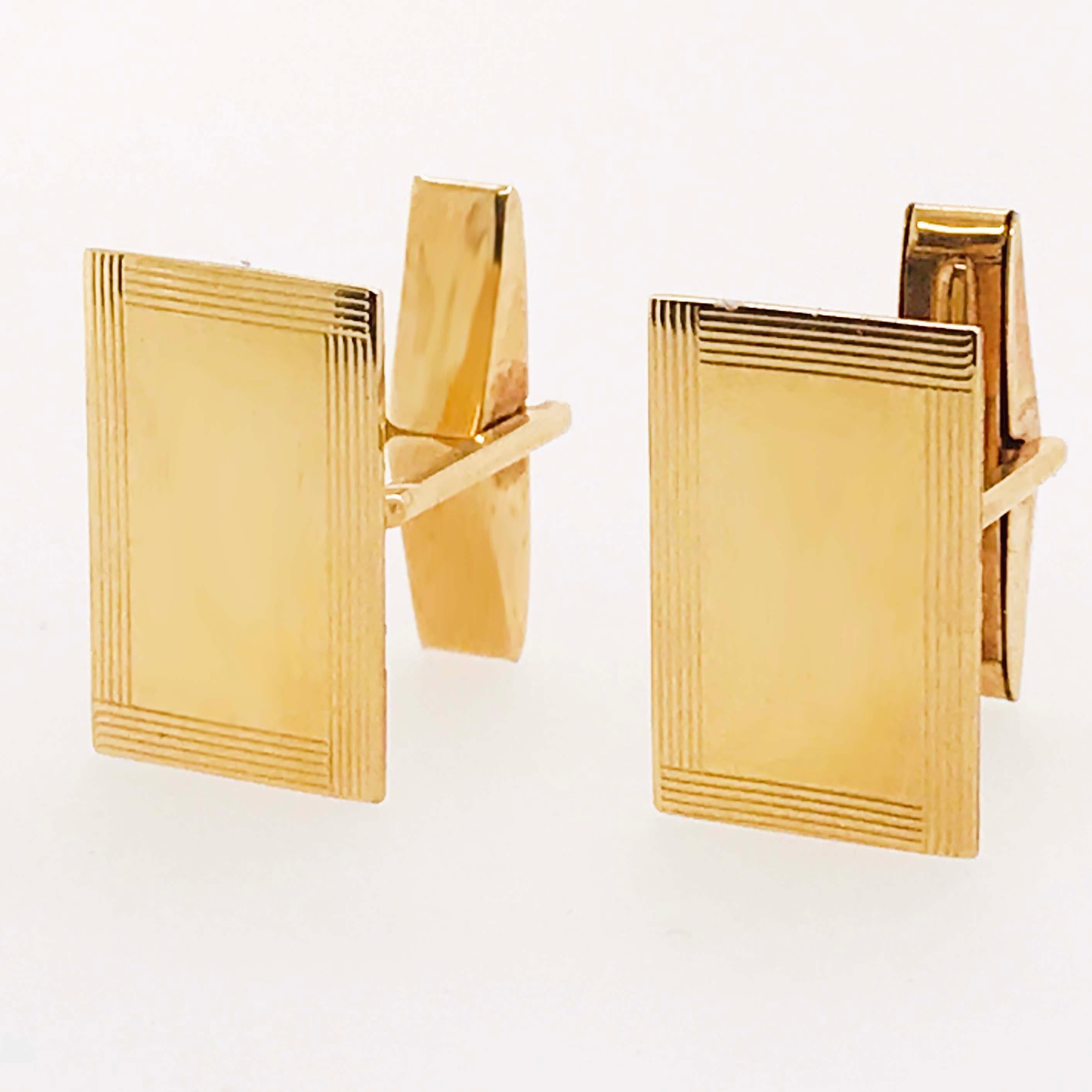 These high polish, gold plate cuff-links are stylish and modern and can be personalized! With a clean, high polish finish on a rectangular gold plate made with 14 karat yellow gold. These men's cuff-links are versatile and go with any formal wear!