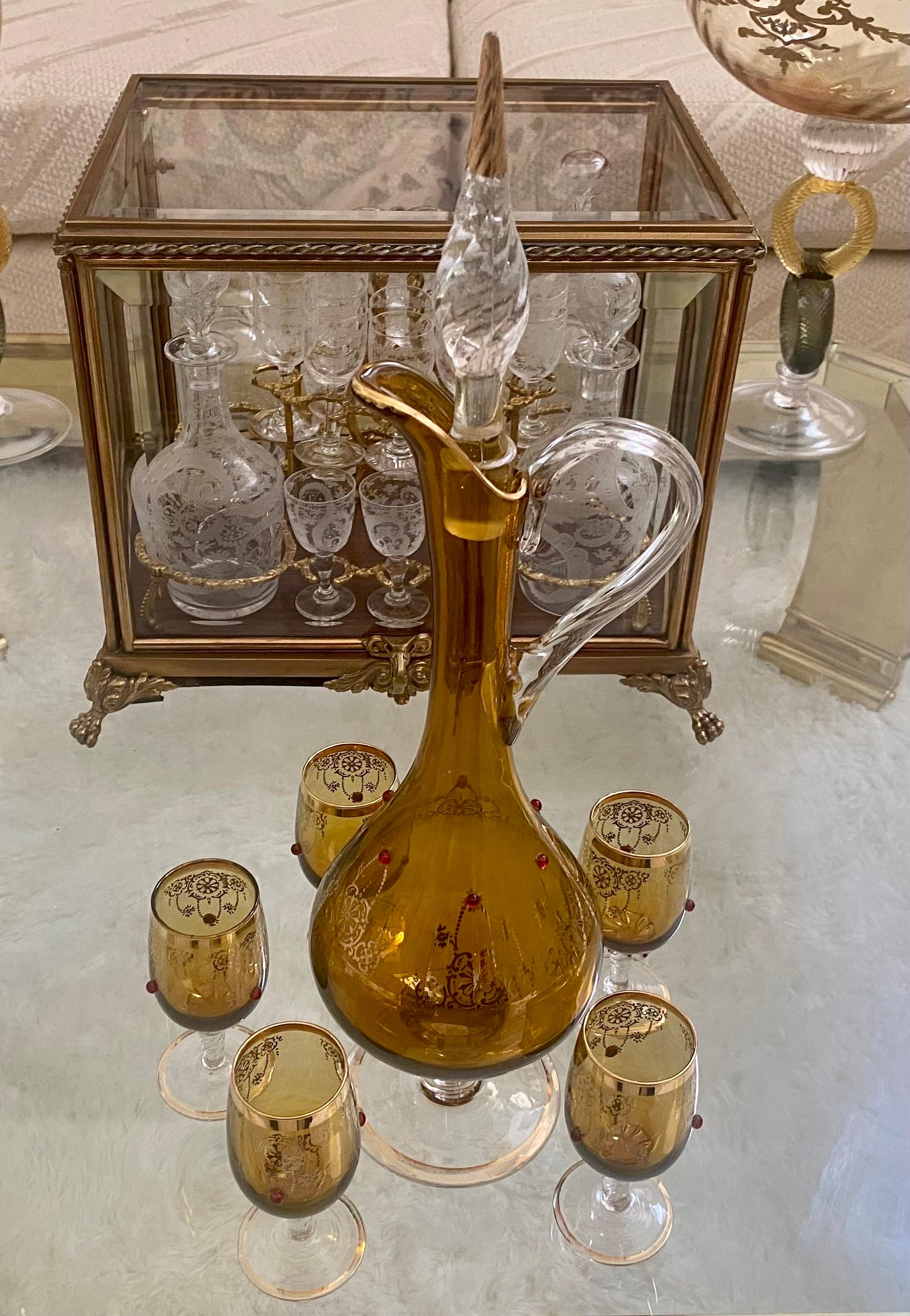 20th Century Gold Etched Venetian Glass Decanter Set with Enamel Accents