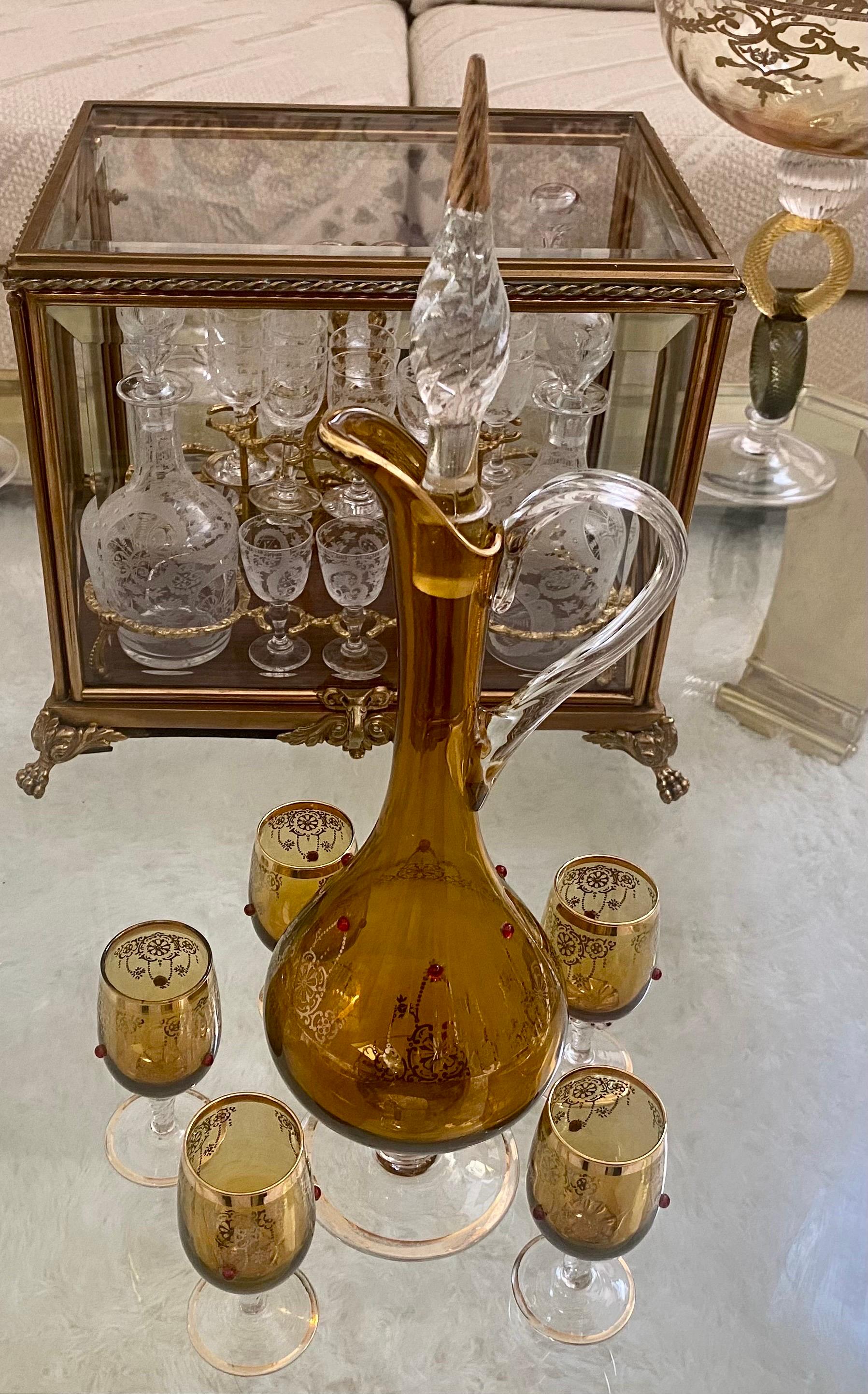 Crystal Gold Etched Venetian Glass Decanter Set with Enamel Accents